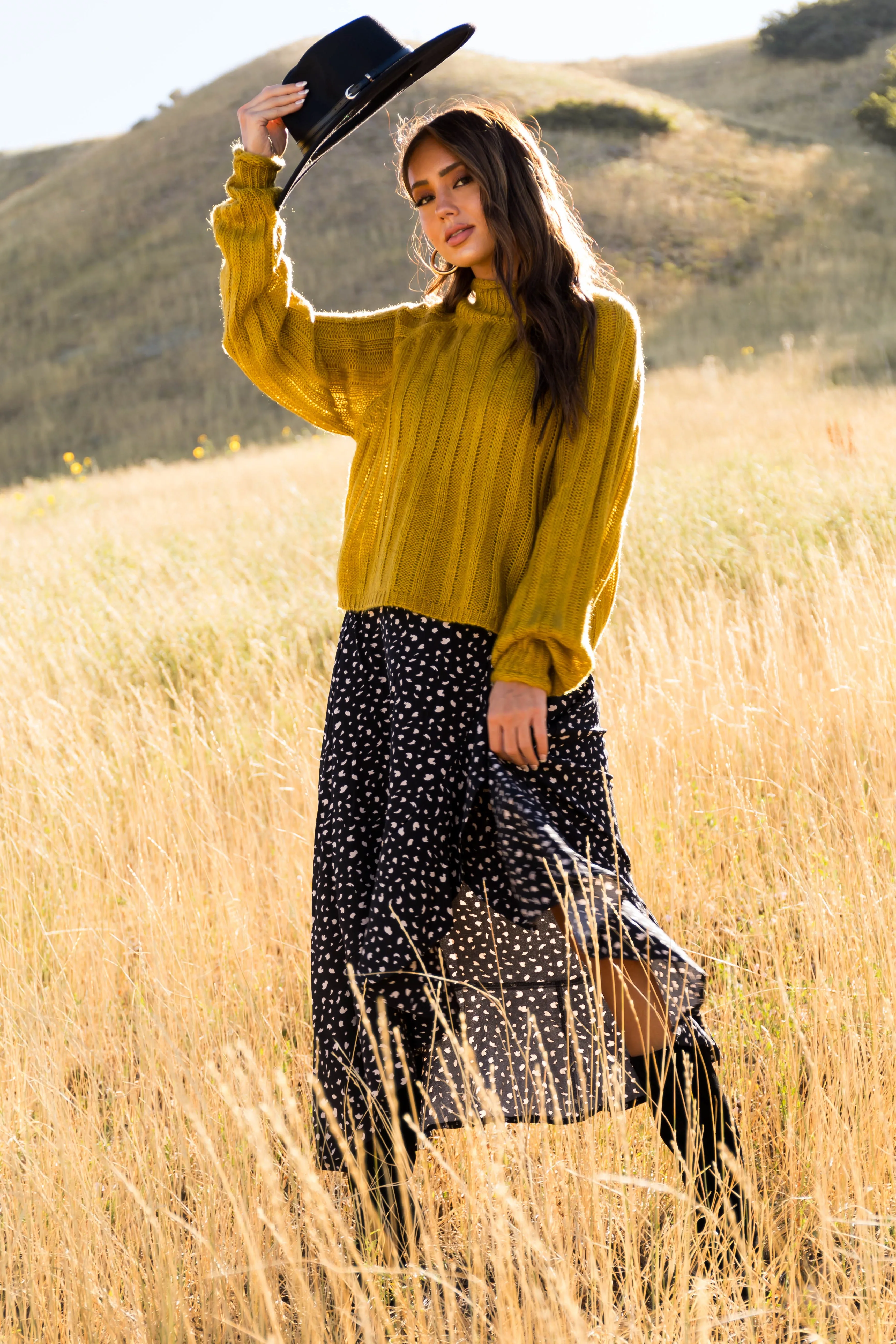 Black Flowy Animal Print Midi Skirt with Slit