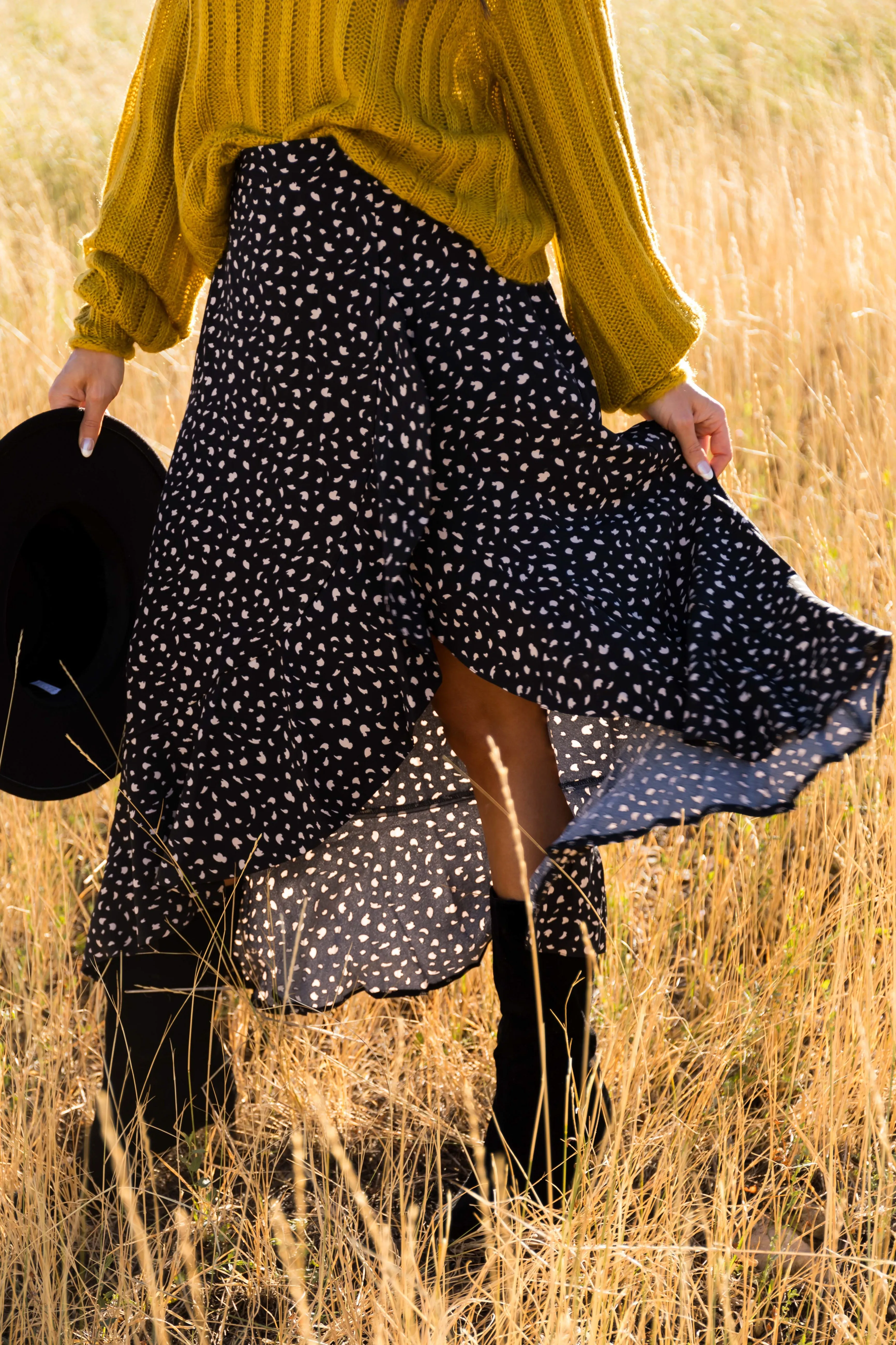 Black Flowy Animal Print Midi Skirt with Slit