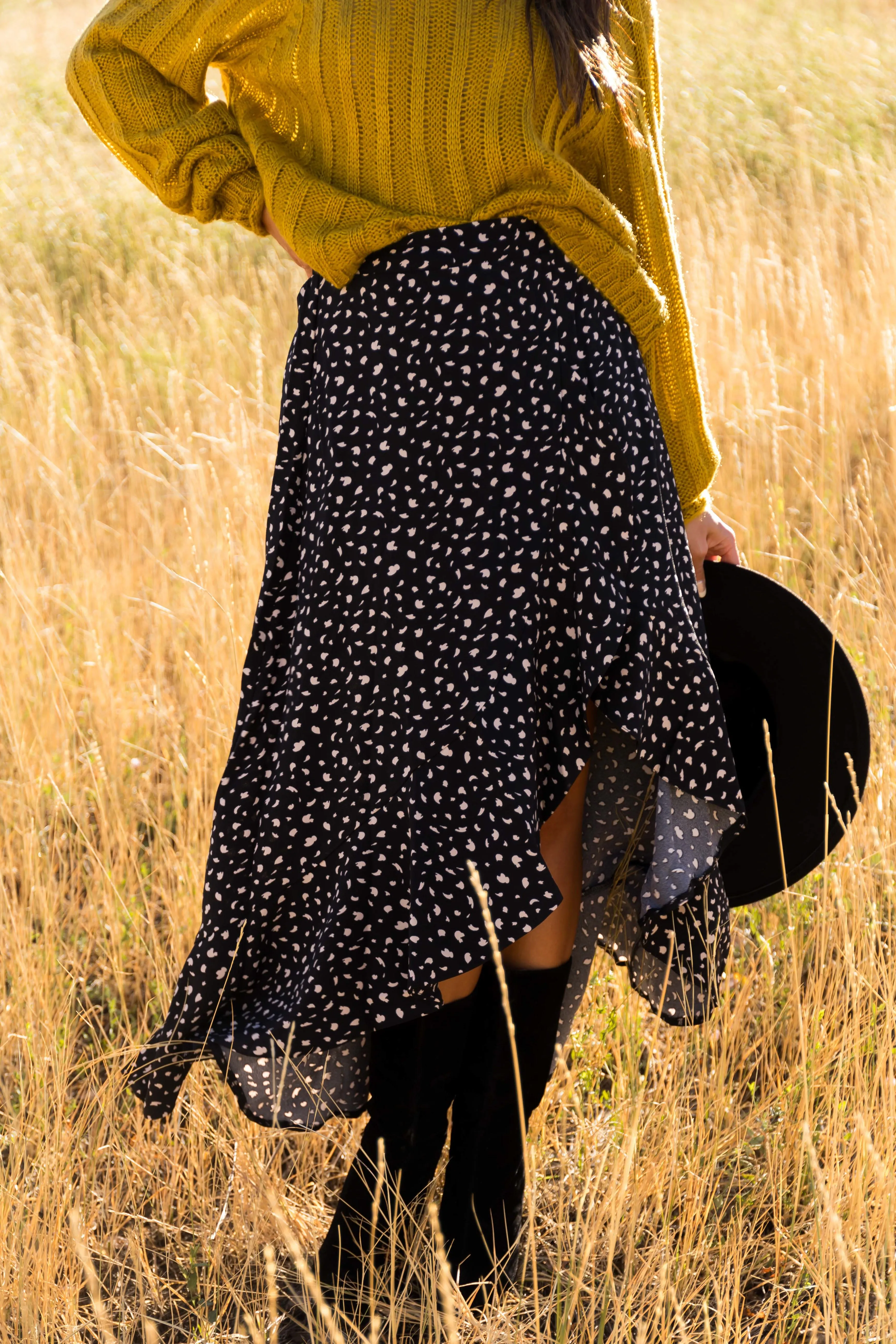 Black Flowy Animal Print Midi Skirt with Slit