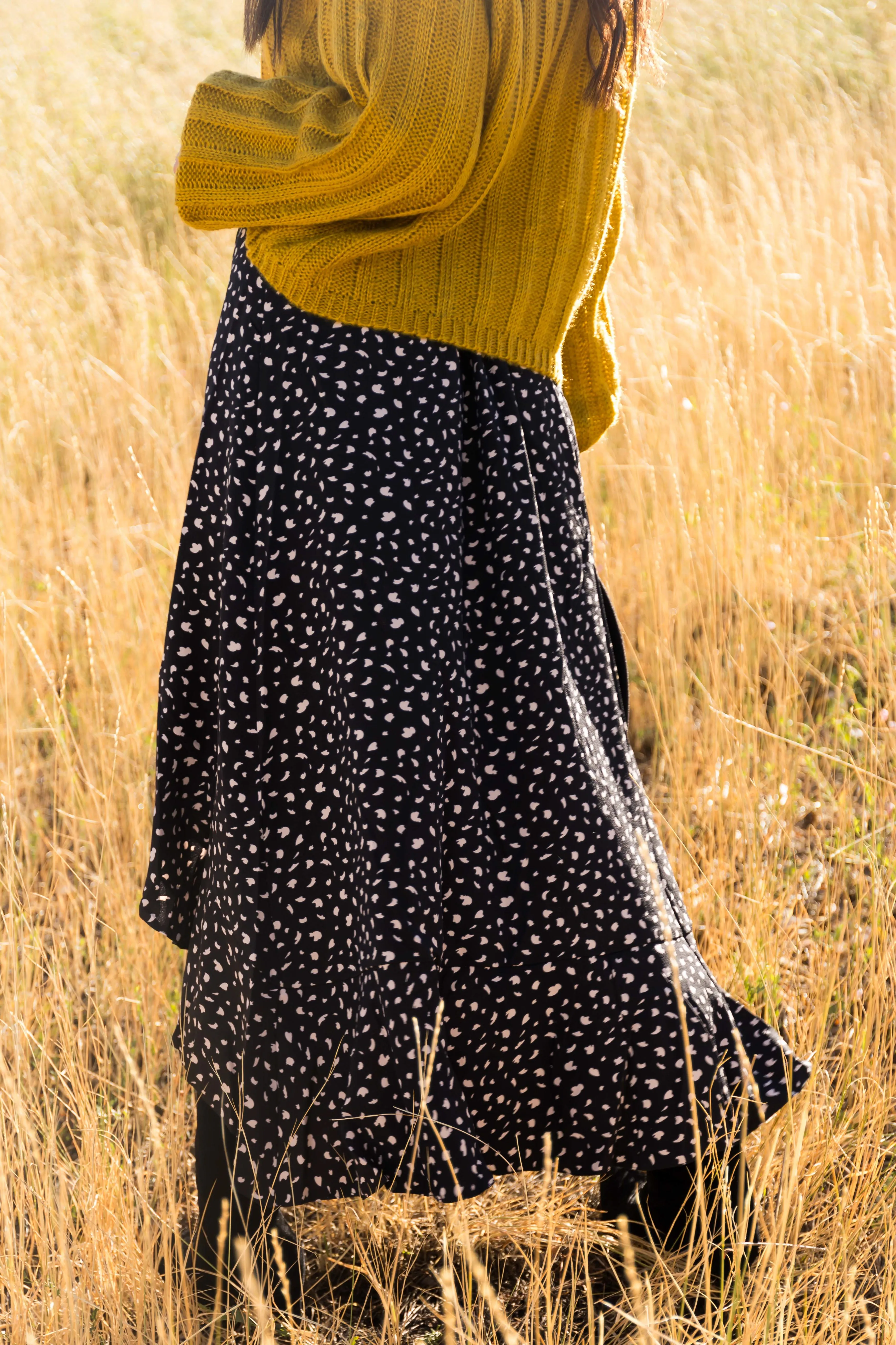 Black Flowy Animal Print Midi Skirt with Slit