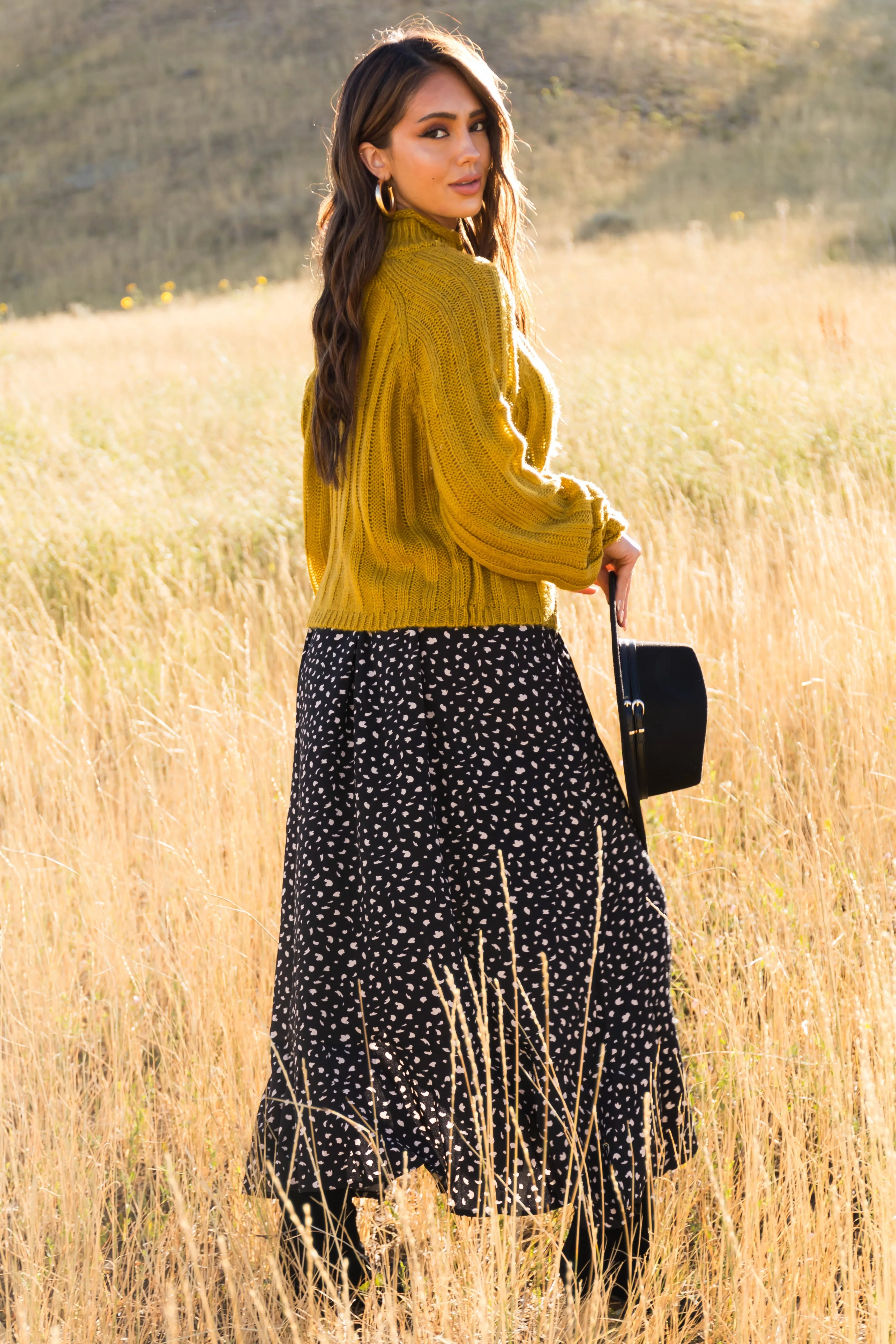 Black Flowy Animal Print Midi Skirt with Slit