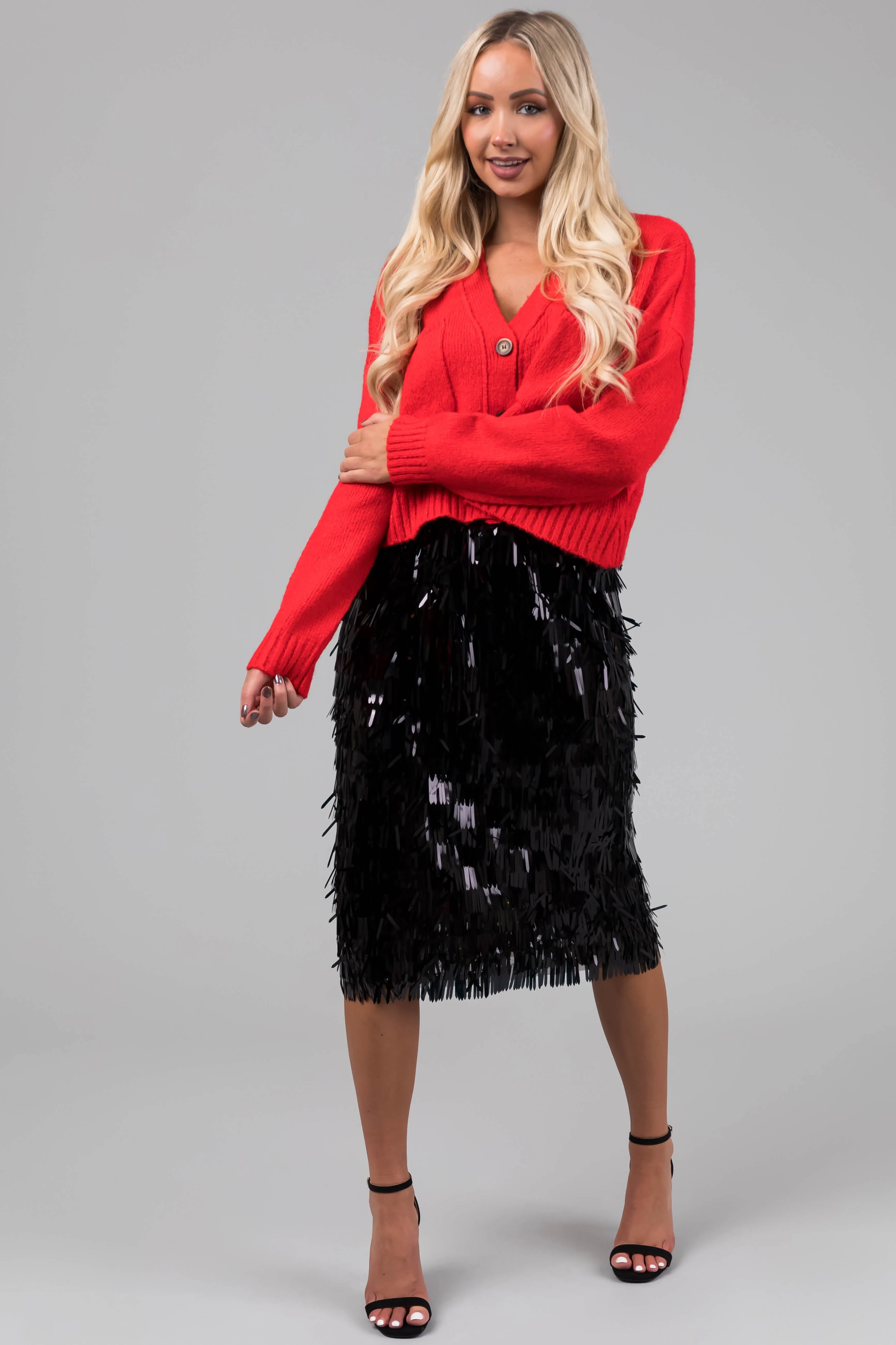 Black Fringe Sequin Elastic Midi Skirt