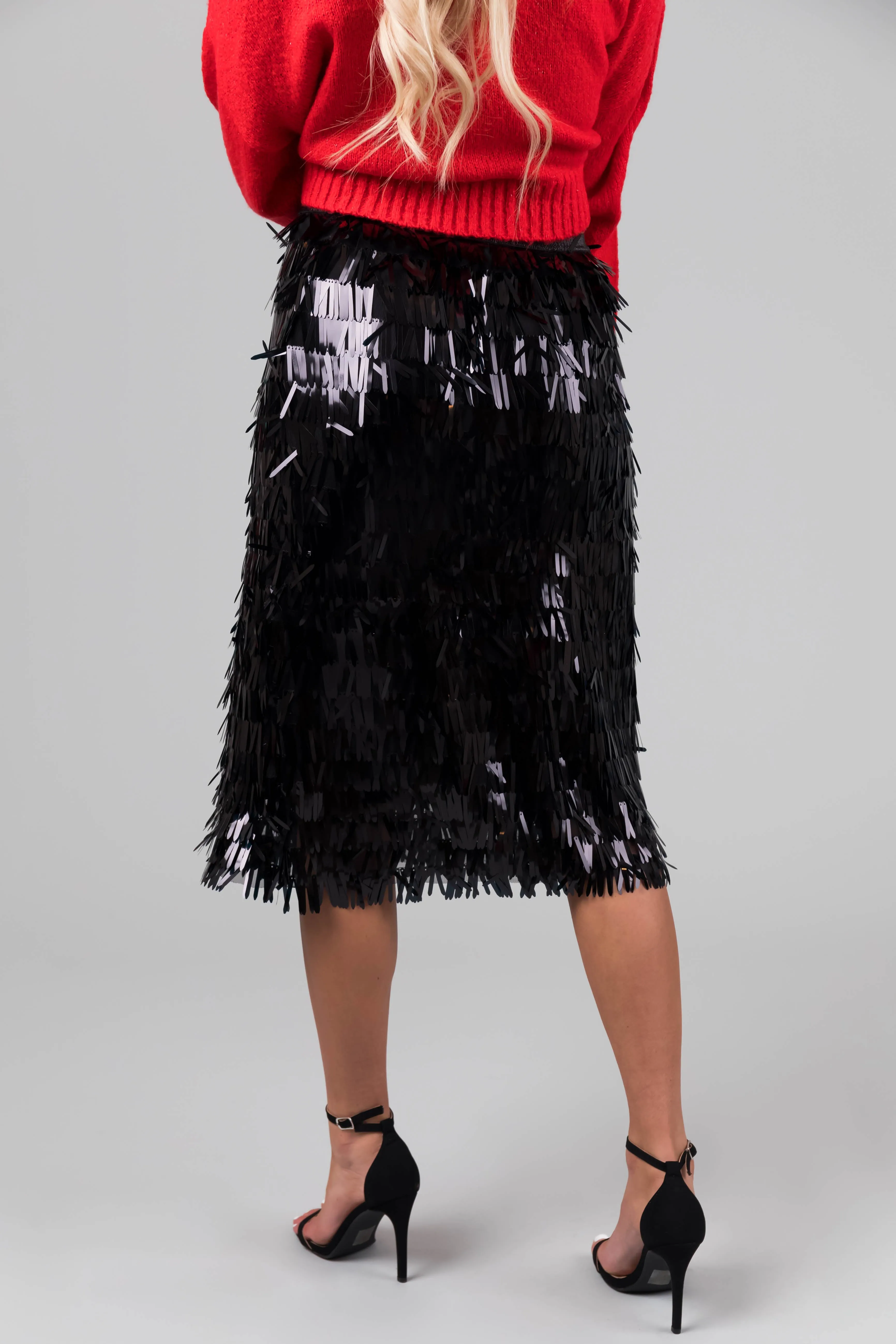 Black Fringe Sequin Elastic Midi Skirt