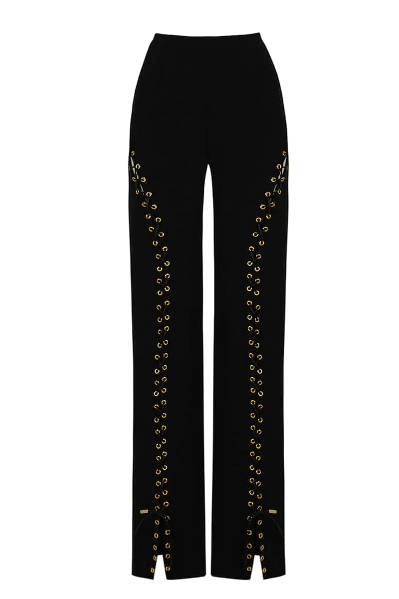 BLACK LONG EYELETS PANTS