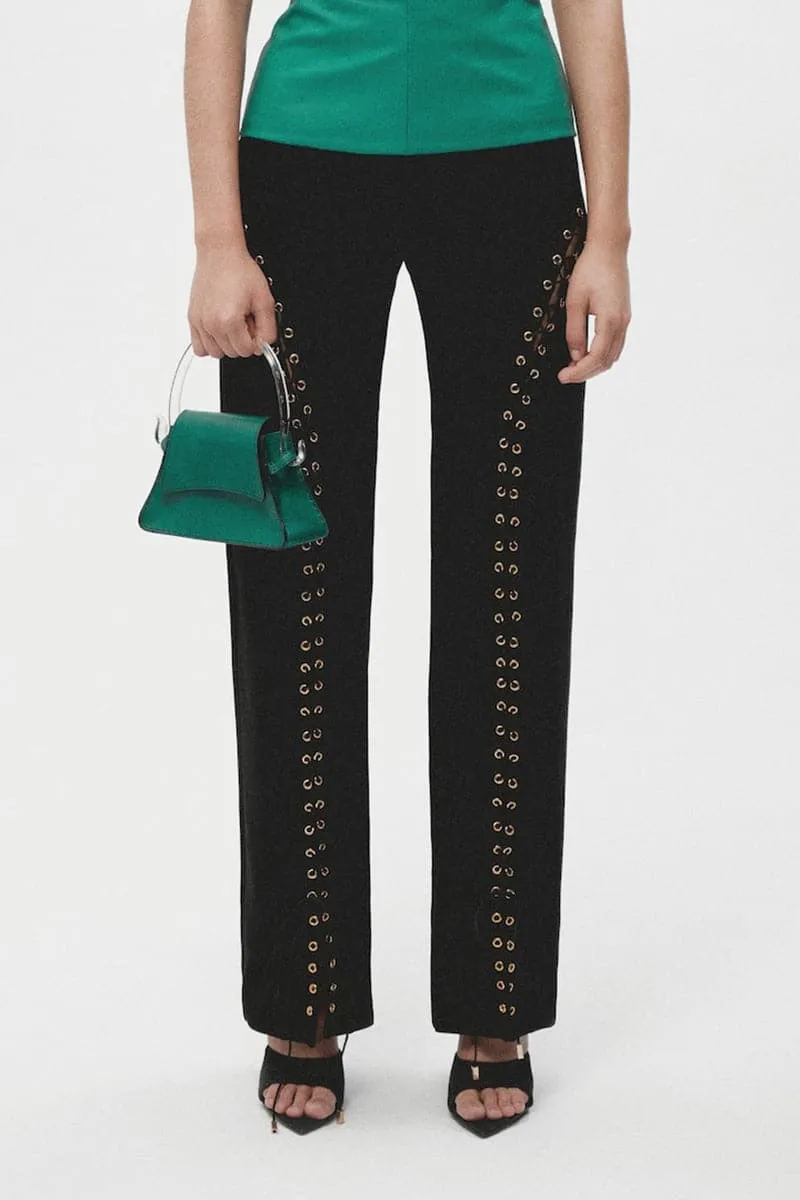 BLACK LONG EYELETS PANTS