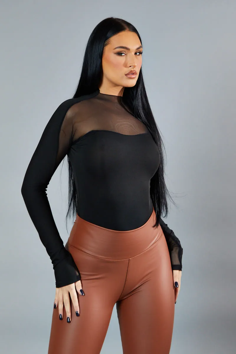 Black Mesh Panel Long Sleeve Bodysuit - Dimitra