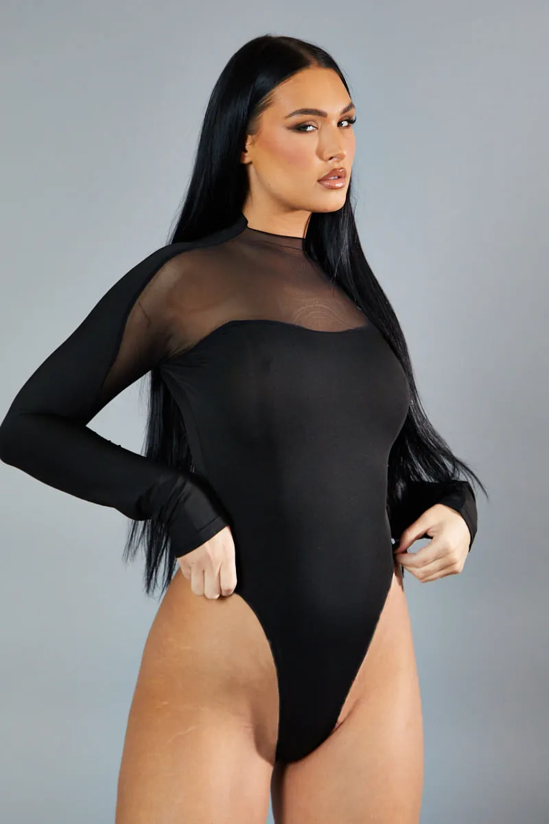 Black Mesh Panel Long Sleeve Bodysuit - Dimitra