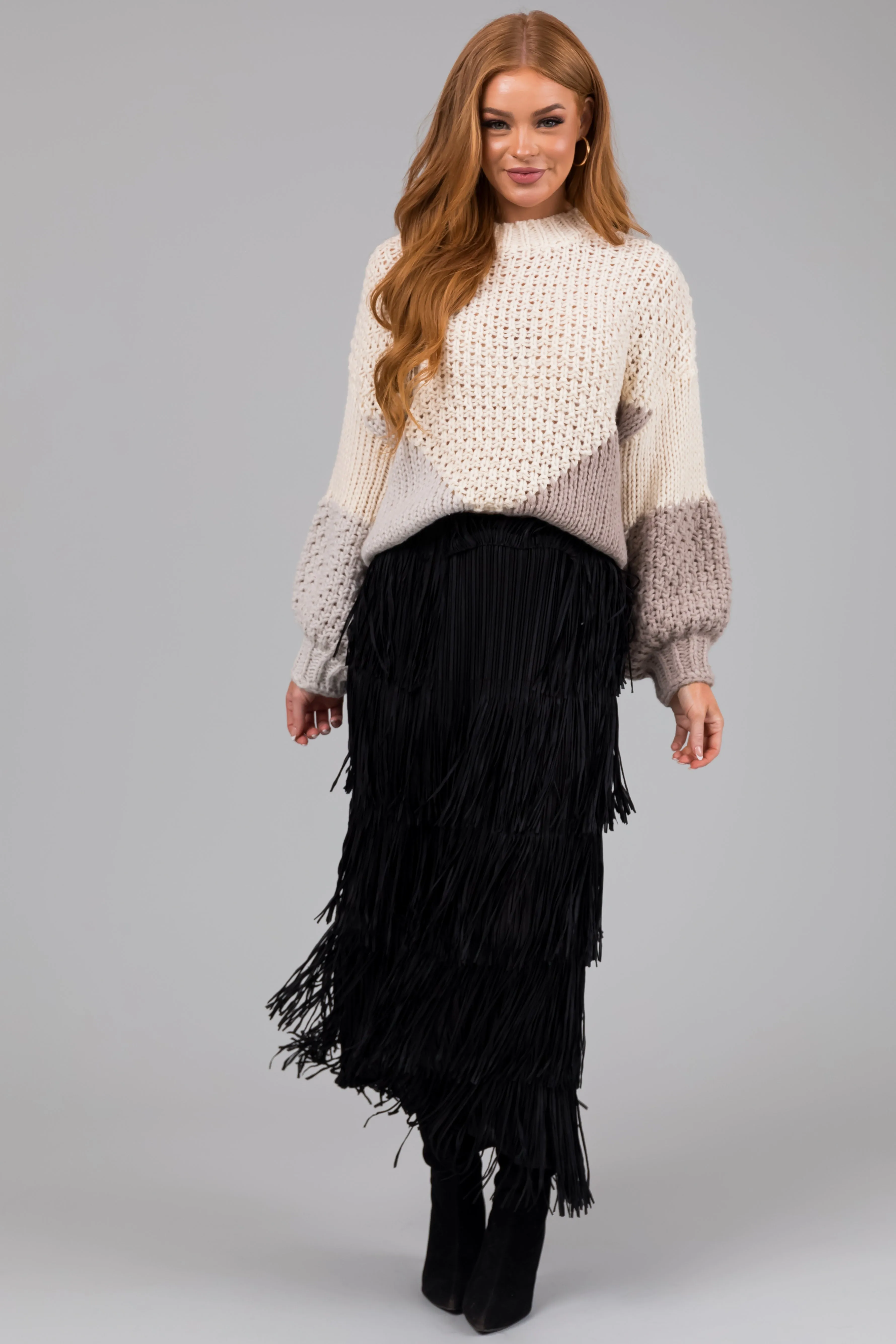 Black Midi Length Tiered Fringe Skirt