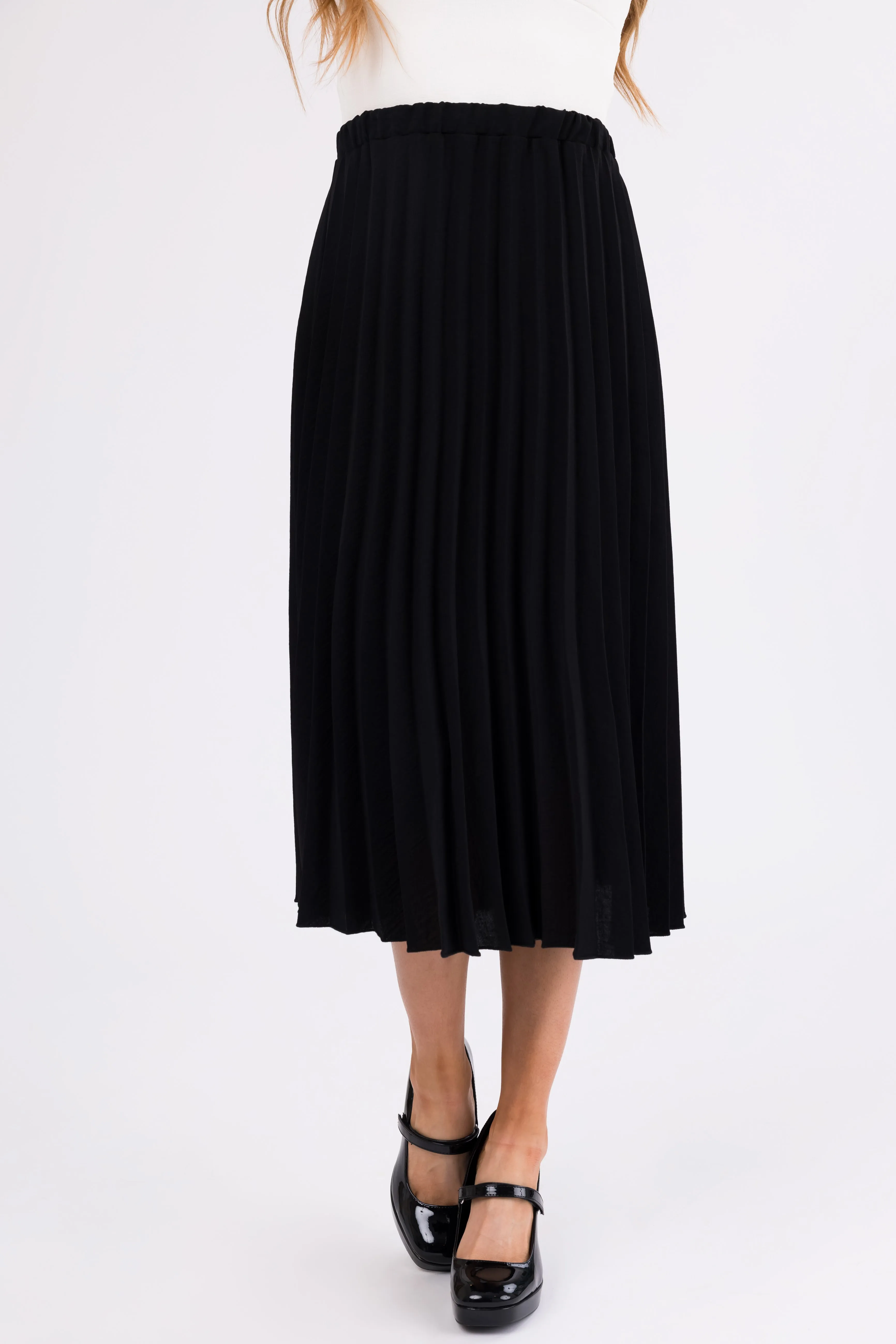 Black Pleated Elastic Waist Midi Skirt