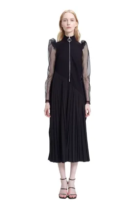 Black Sheer Puff Long Sleeve High Neck Pleated Belted Zip Front Futuristic Midi Dress