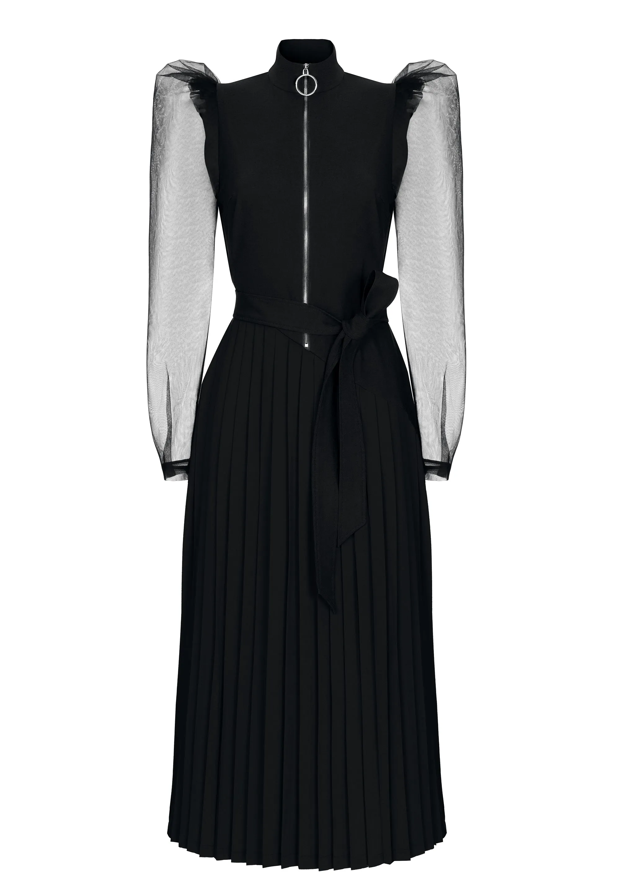 Black Sheer Puff Long Sleeve High Neck Pleated Belted Zip Front Futuristic Midi Dress