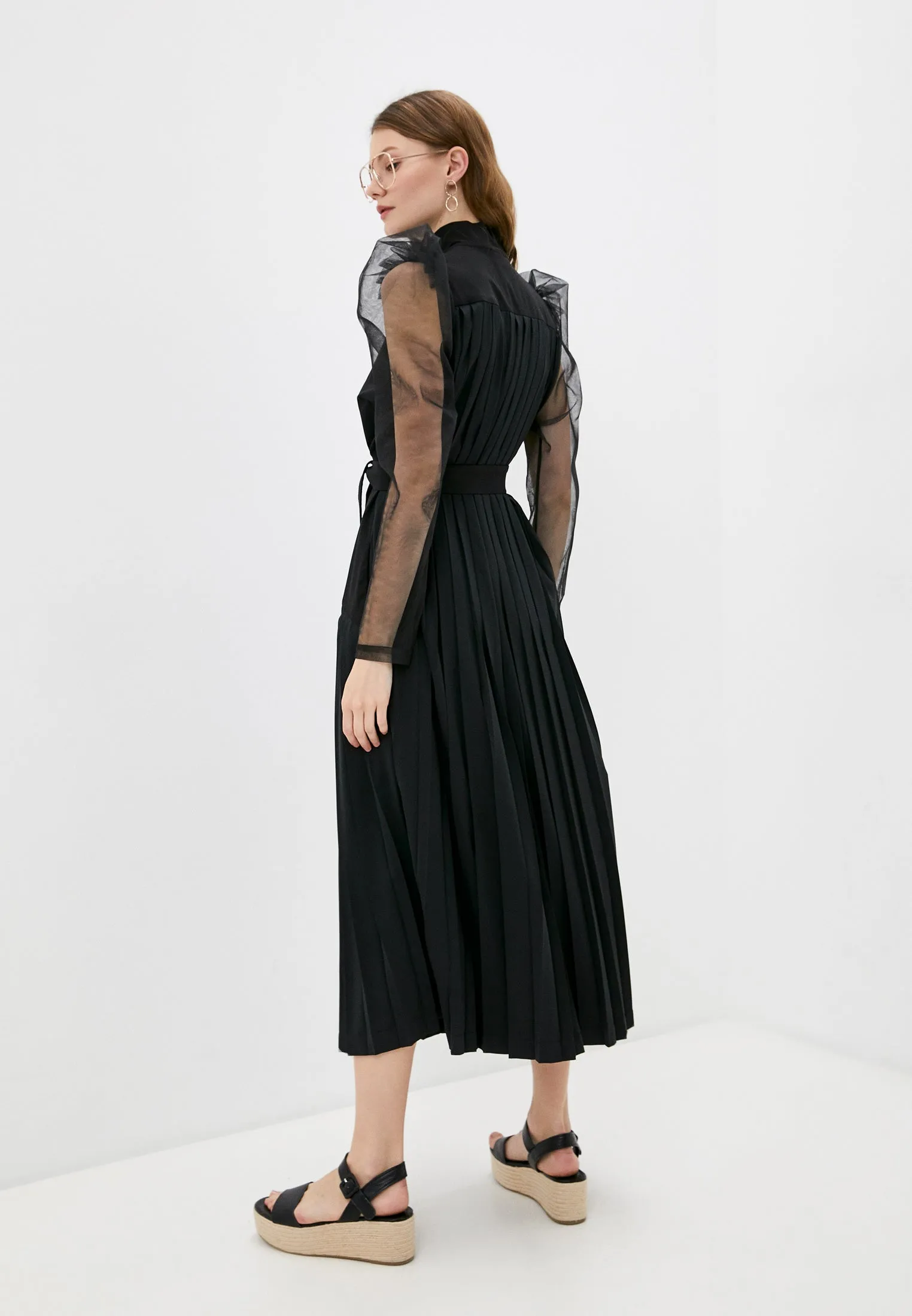 Black Sheer Puff Long Sleeve High Neck Pleated Belted Zip Front Futuristic Midi Dress