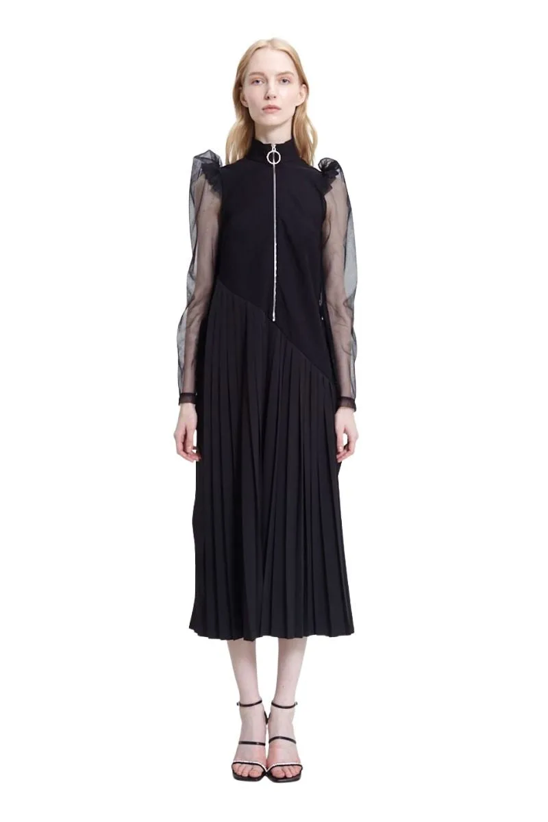 Black Sheer Puff Long Sleeve High Neck Pleated Belted Zip Front Futuristic Midi Dress