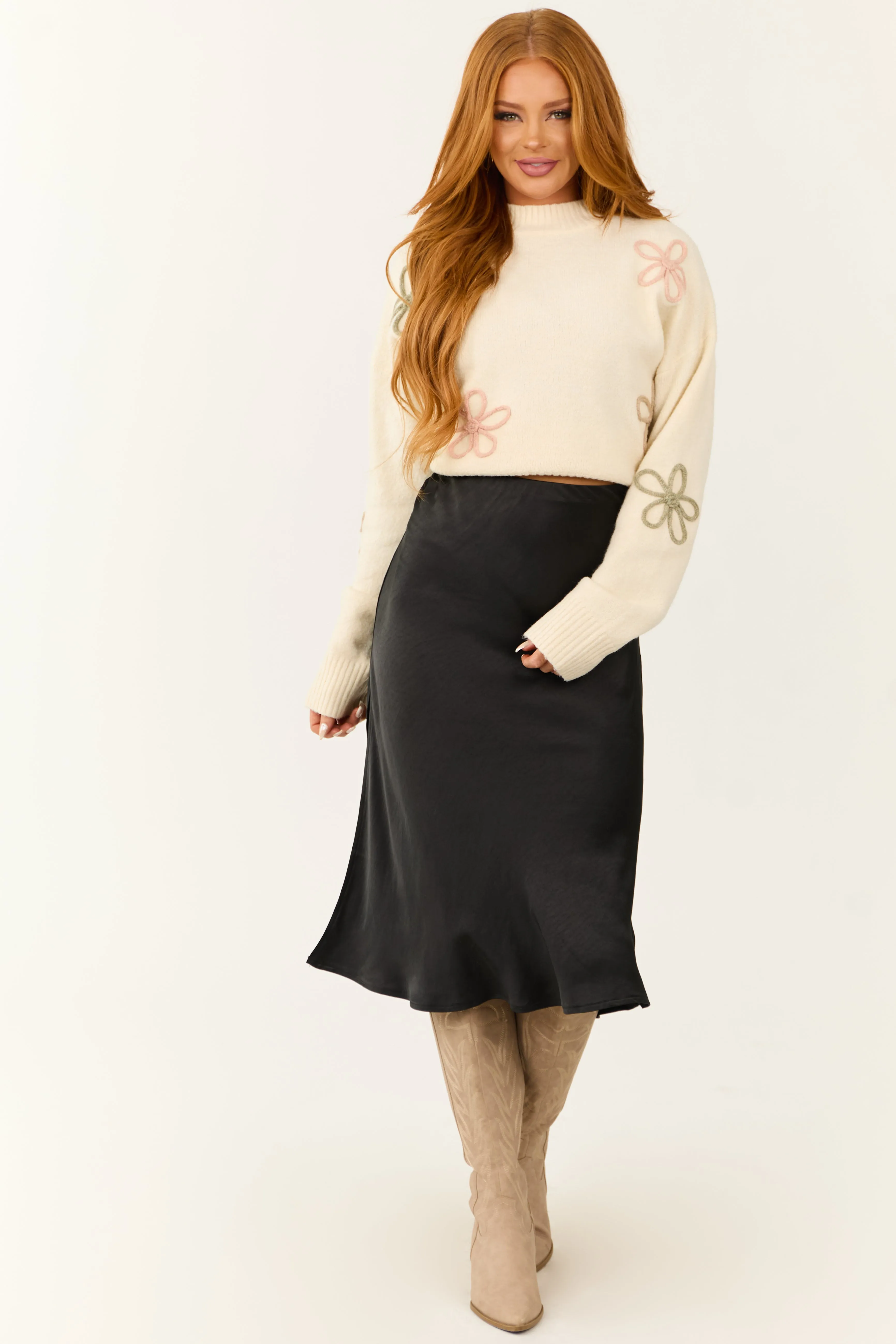 Black Side Slit Satin Midi Skirt