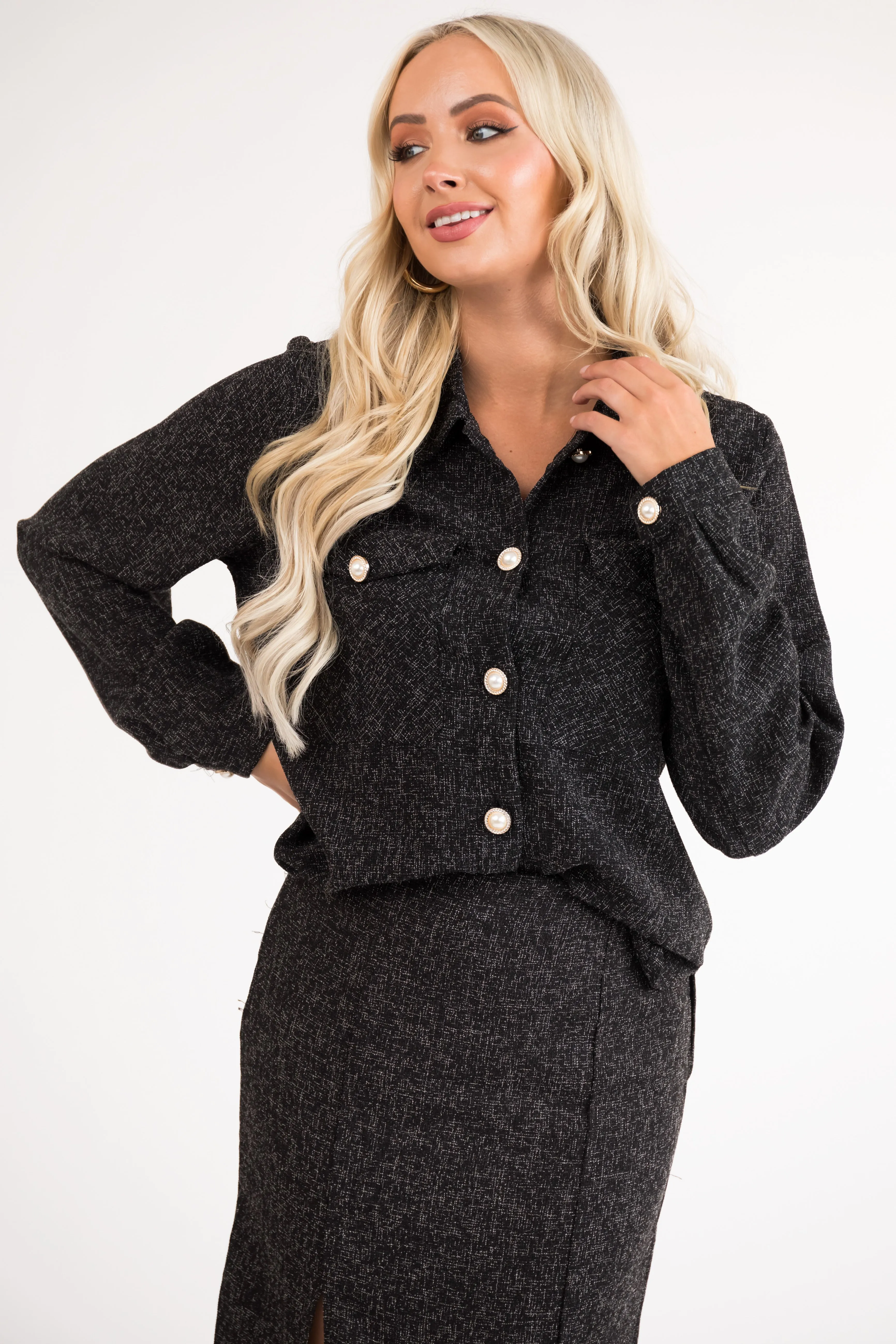 Black Tweed Embellished Button Light Shacket