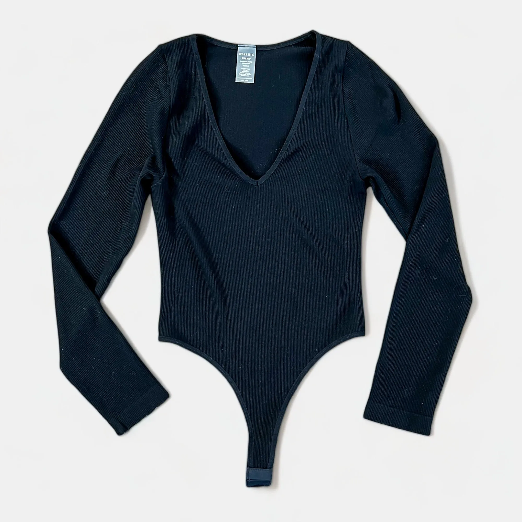 Black V Neck Ribbed Long Sleeve Bodysuit