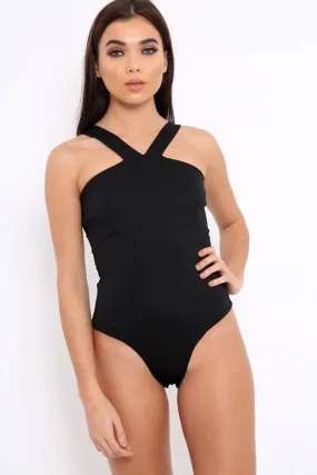 Black V Neck Strap Bandeau Bodysuit - Karlah