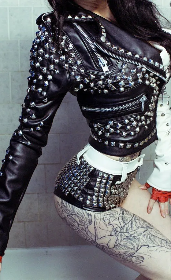 Black White Women Punk Fashion Leather Jacket