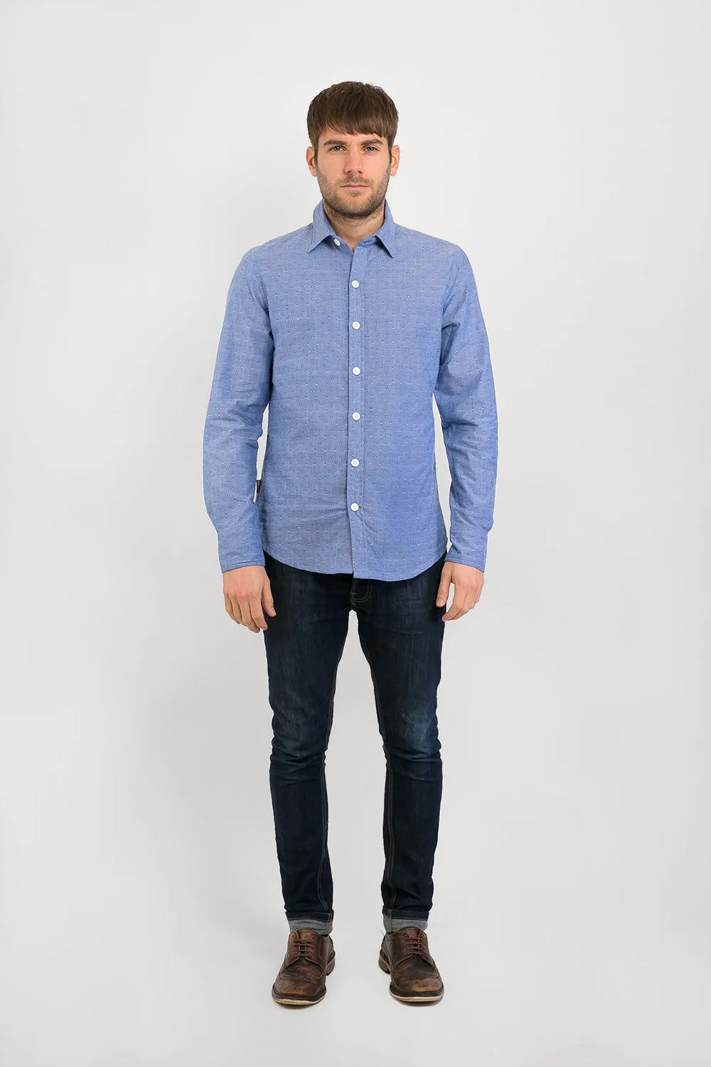 Blue Cotton Slim-Fit Long-Sleeve Shirt