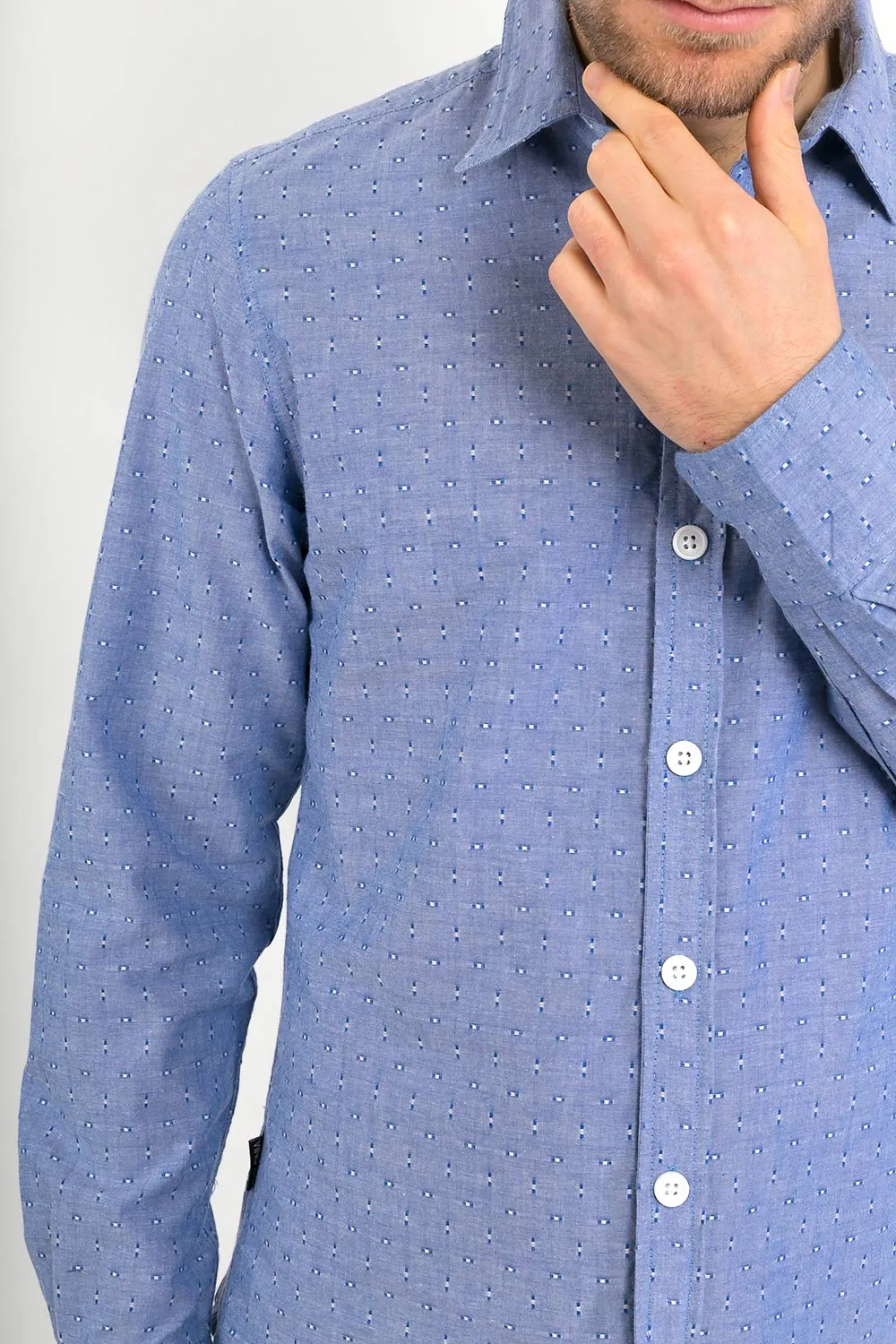 Blue Cotton Slim-Fit Long-Sleeve Shirt