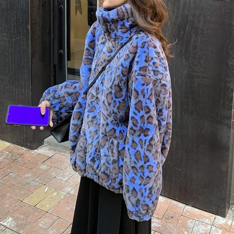 Blue Leopard Print Fluffy Soft Oversized Jacket