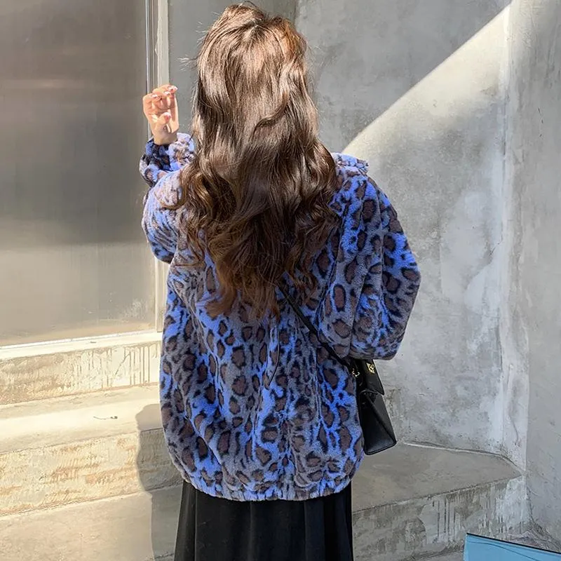 Blue Leopard Print Fluffy Soft Oversized Jacket