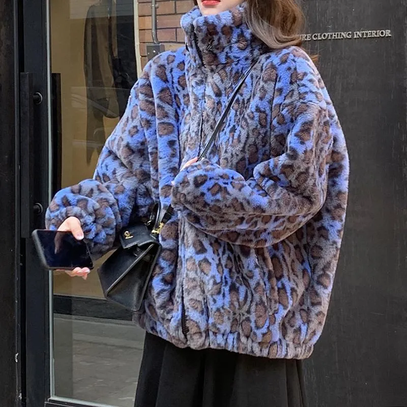 Blue Leopard Print Fluffy Soft Oversized Jacket