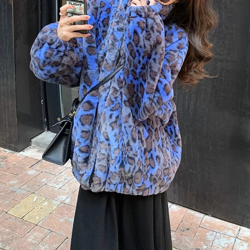 Blue Leopard Print Fluffy Soft Oversized Jacket