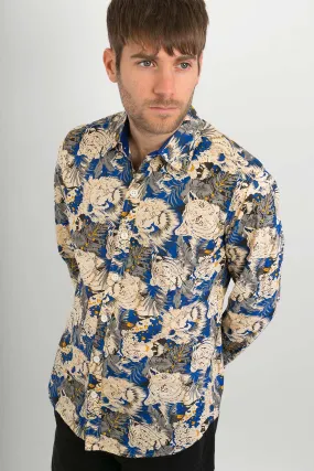 Blue Lions Tigers Print Cotton Slim Fit Mens Shirt Long Sleeve