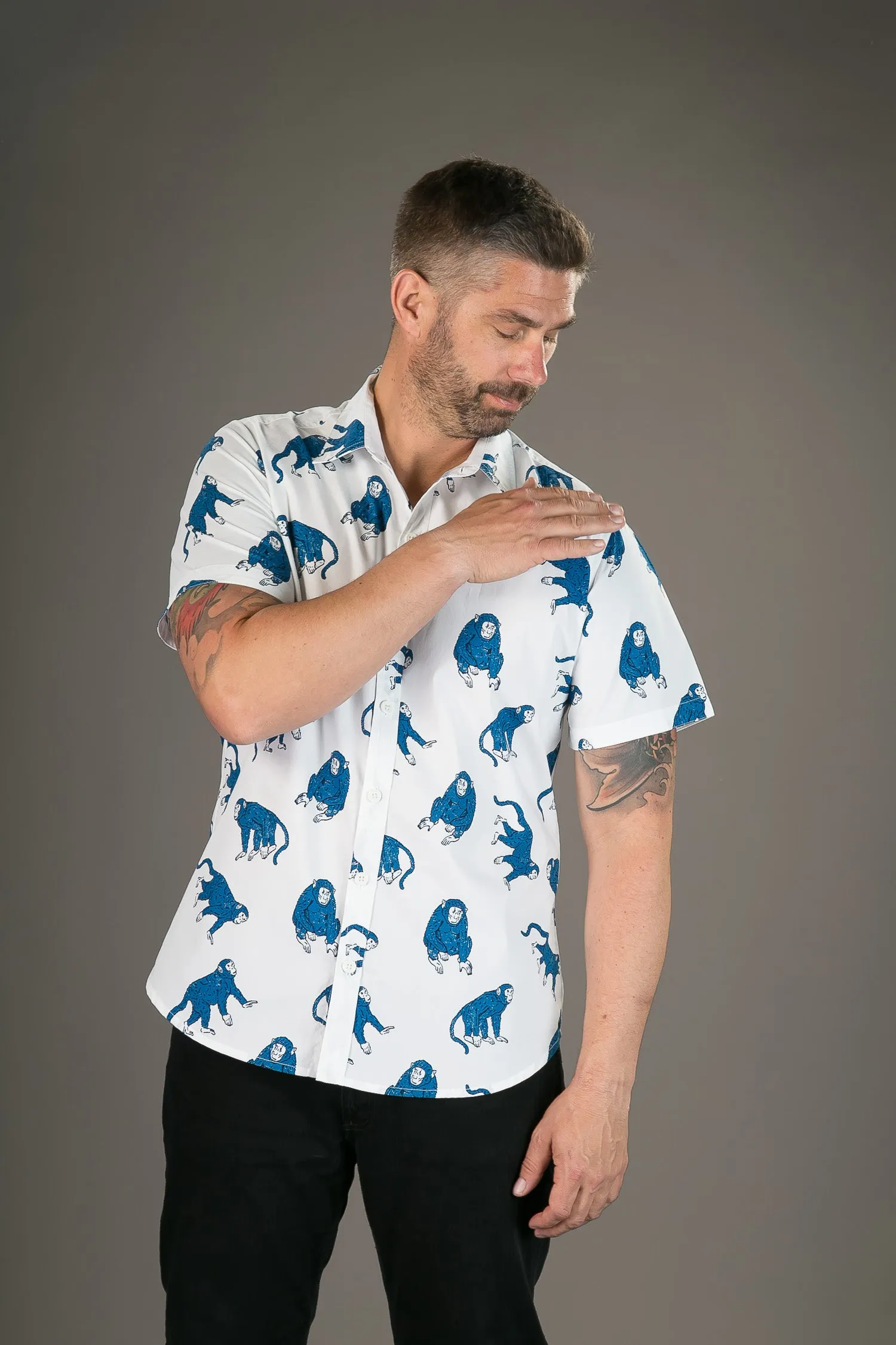 Blue Monkeys on White Print Cotton Slim Fit Mens Shirt Short Sleeve