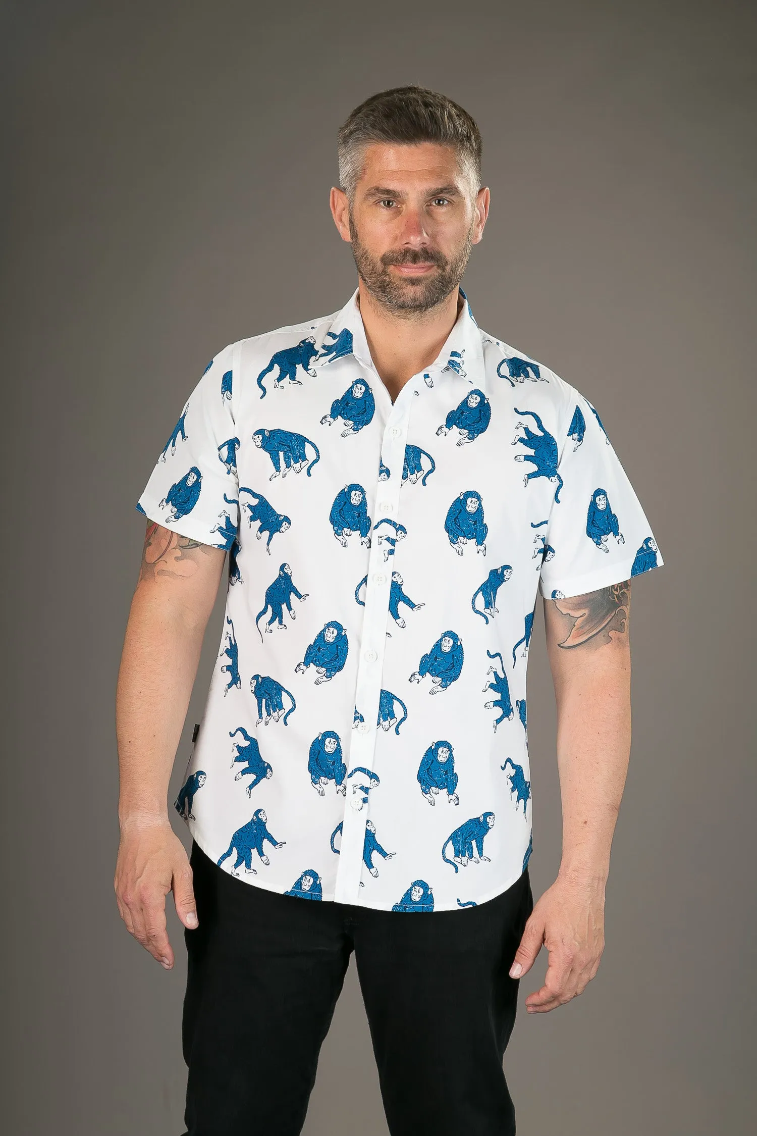 Blue Monkeys on White Print Cotton Slim Fit Mens Shirt Short Sleeve