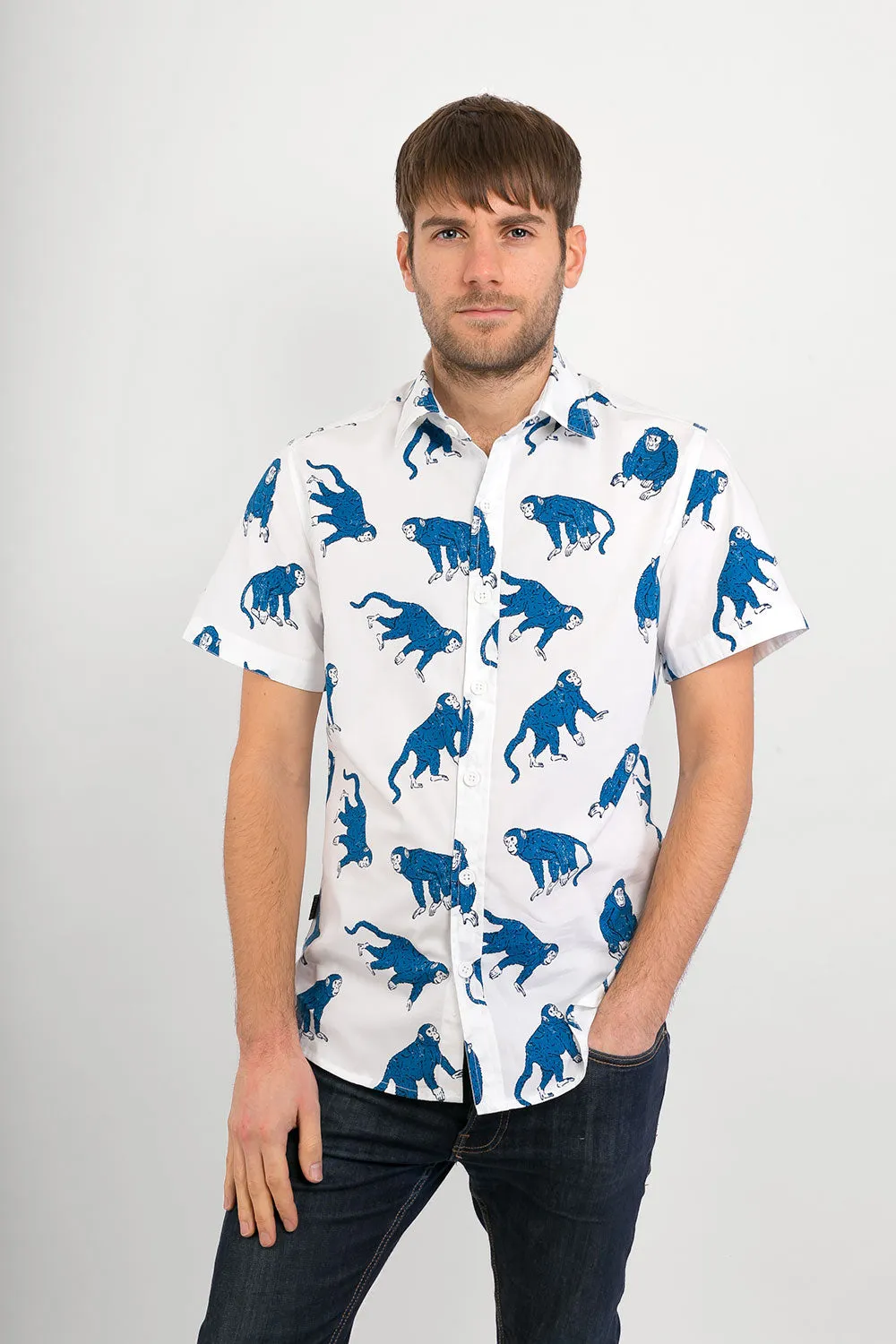 Blue Monkeys on White Print Cotton Slim Fit Mens Shirt Short Sleeve