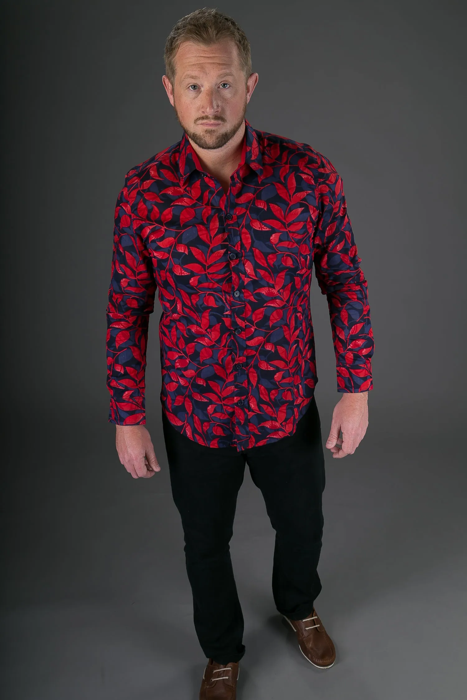 Blue Red Floral Print Cotton Slim and Regular Fit Mens Shirt Long Sleeve