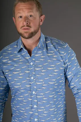 Blue White Sharks Print Cotton Slim Fit Mens Shirt Long Sleeve