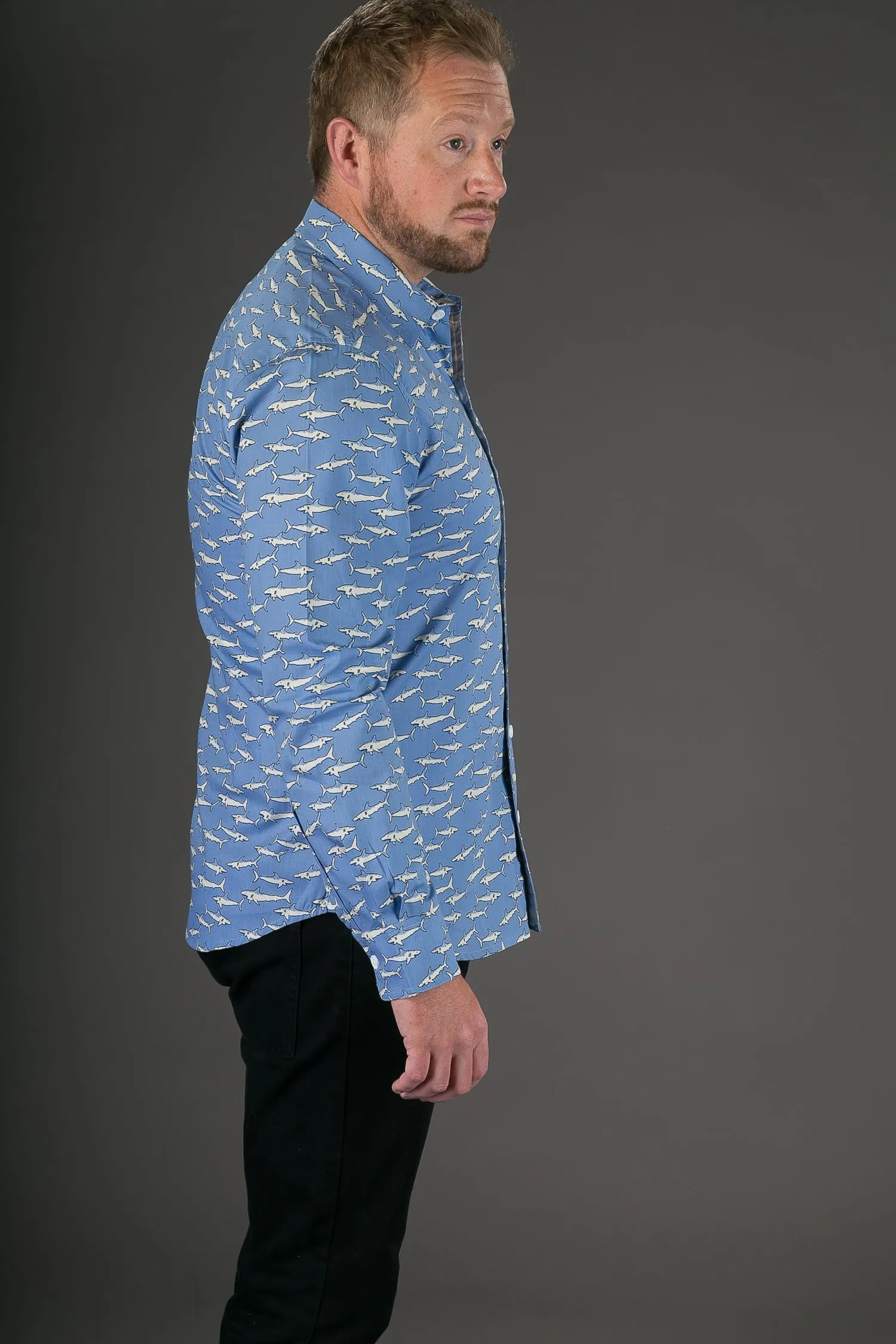 Blue White Sharks Print Cotton Slim Fit Mens Shirt Long Sleeve