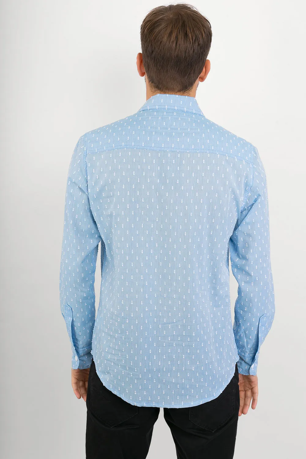 Blue with White Texture Print Cotton Slim-Fit Long-Sleeve Shirt