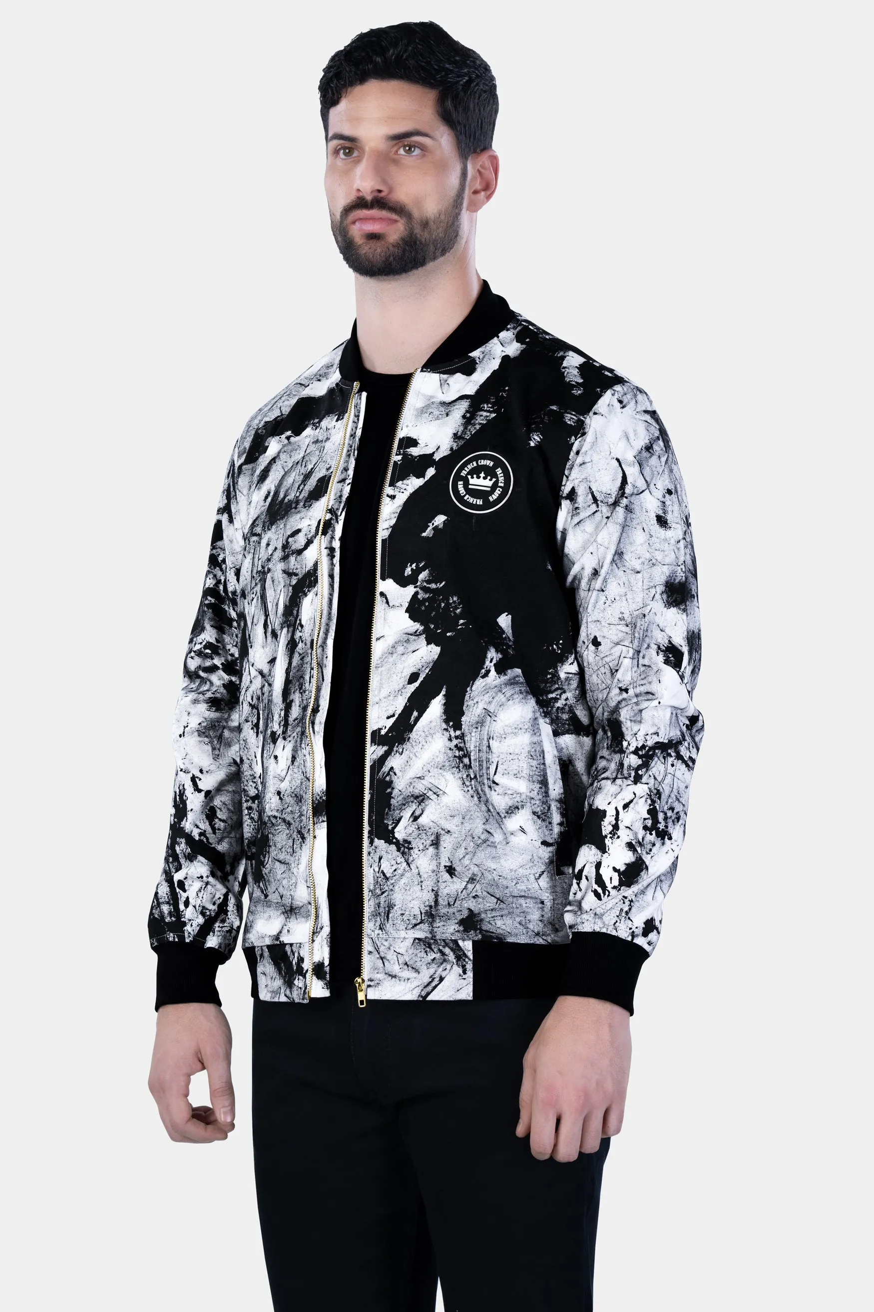 Bright White and Black Abstract Hand Painted Premium Cotton Bomber Jacket