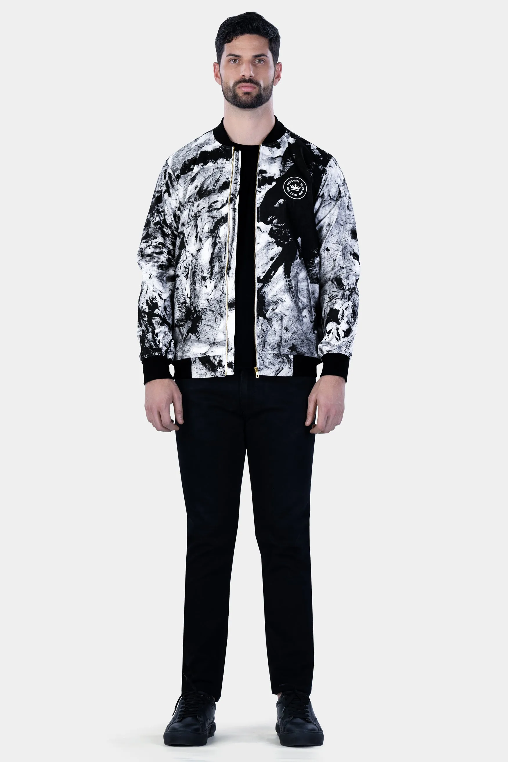 Bright White and Black Abstract Hand Painted Premium Cotton Bomber Jacket