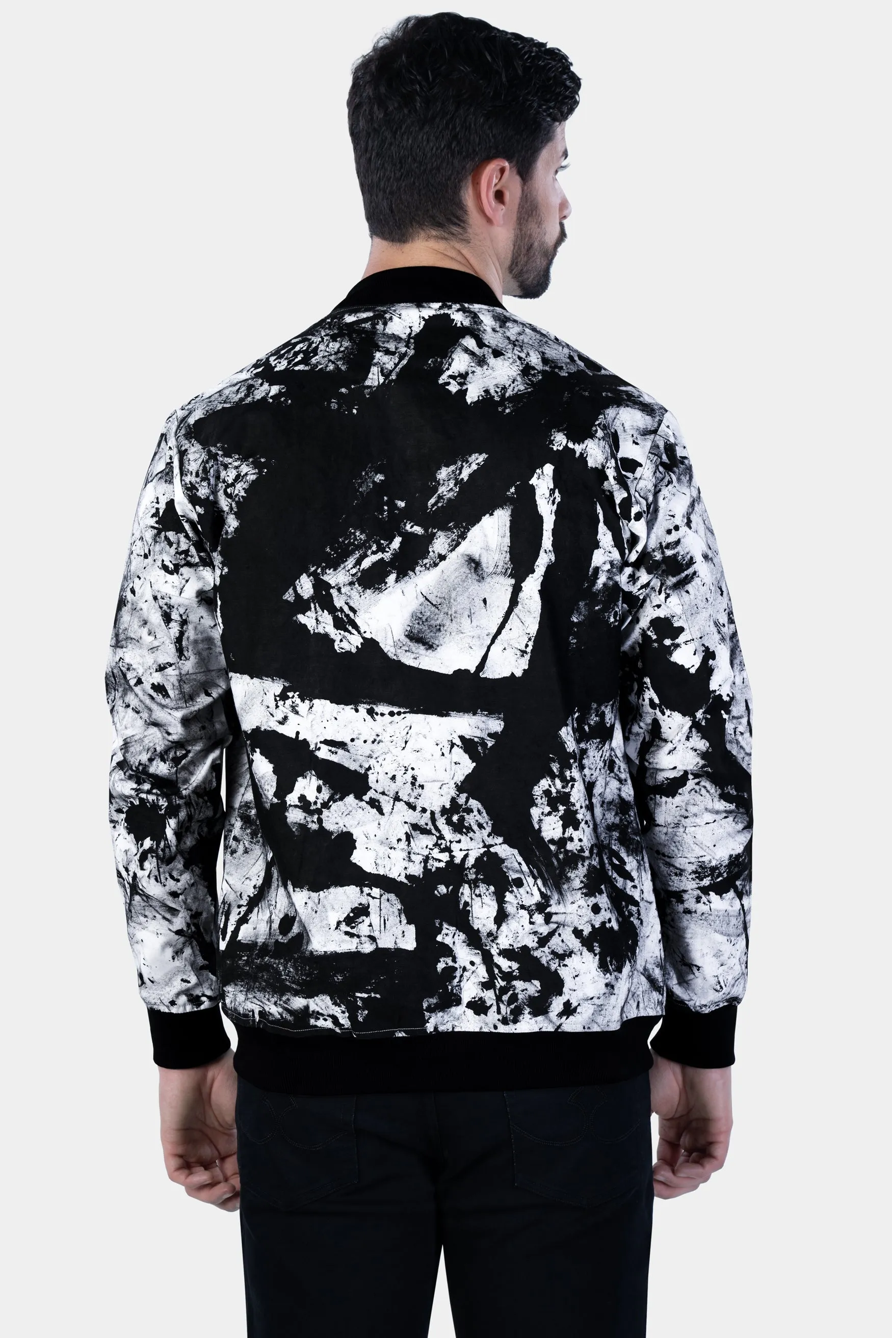 Bright White and Black Abstract Hand Painted Premium Cotton Bomber Jacket