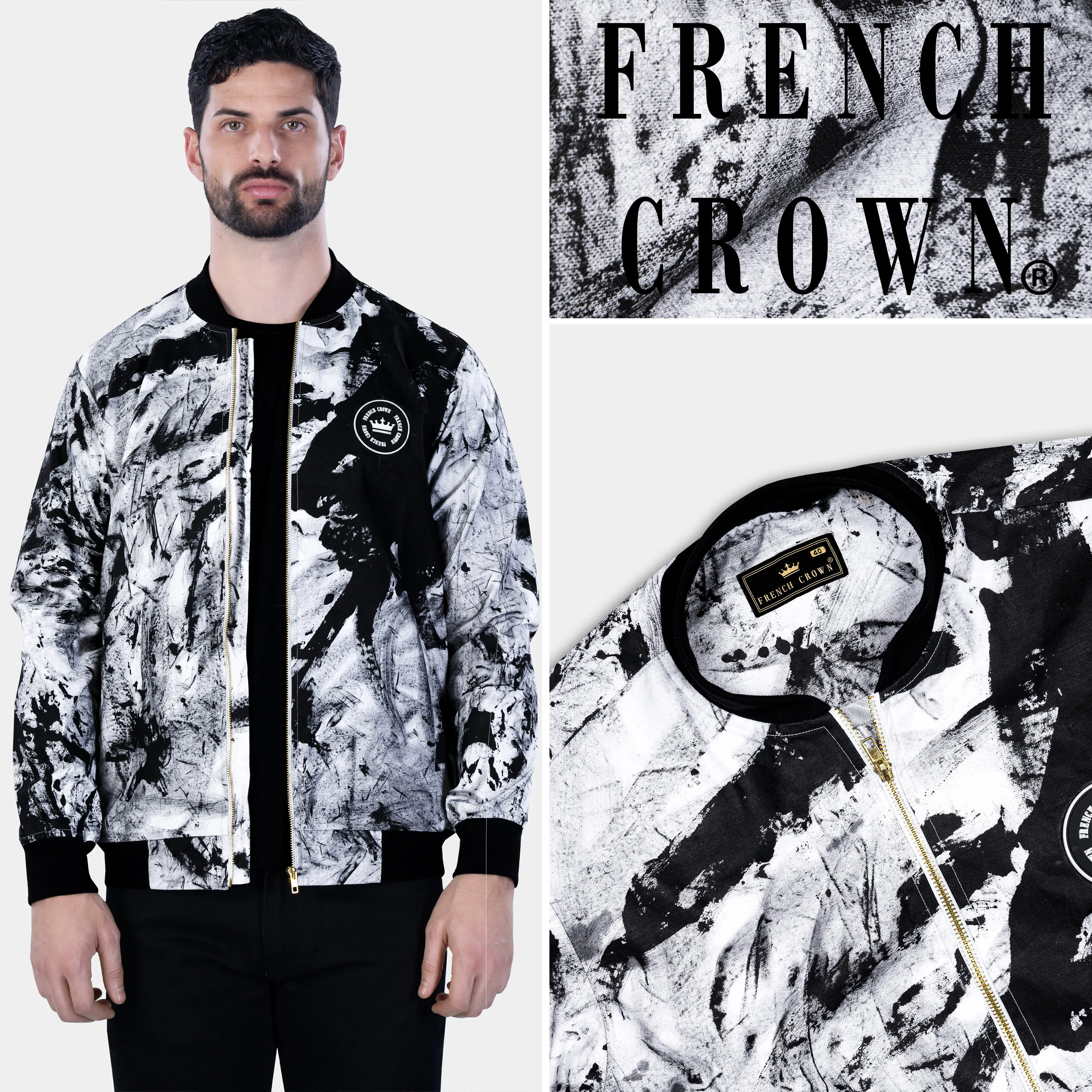 Bright White and Black Abstract Hand Painted Premium Cotton Bomber Jacket