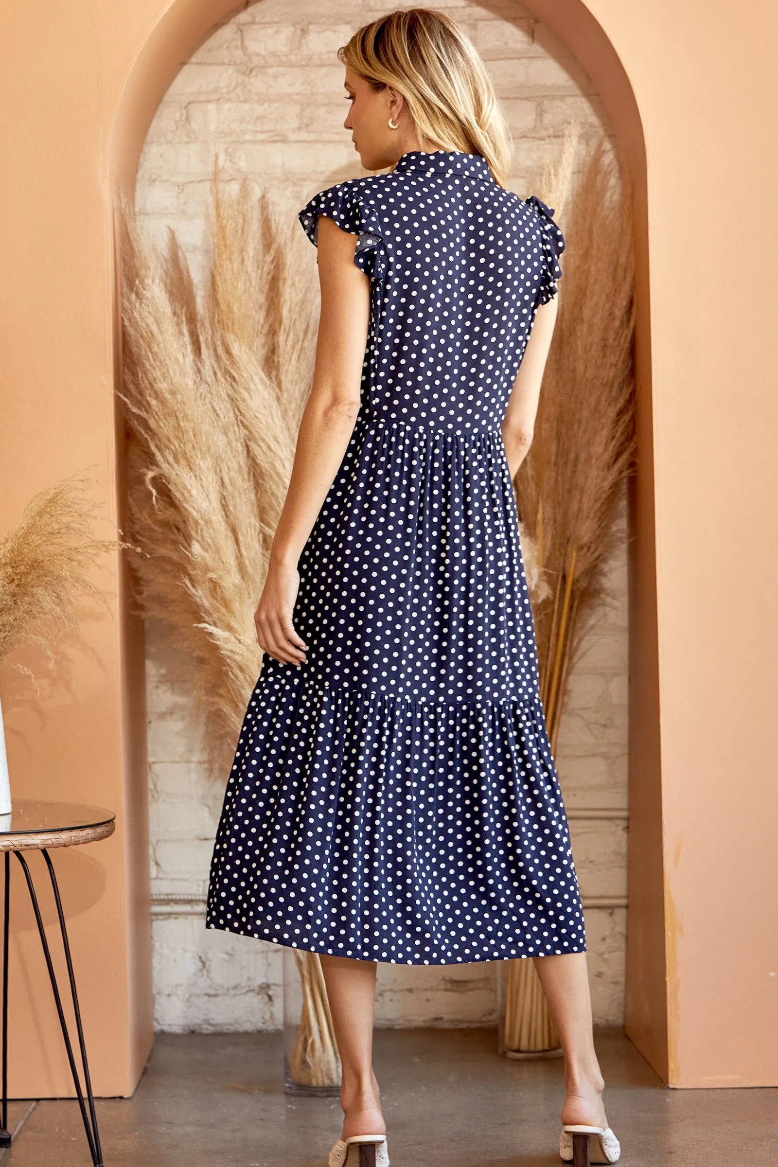 Button Detail Navy Polka Dot Midi Dress