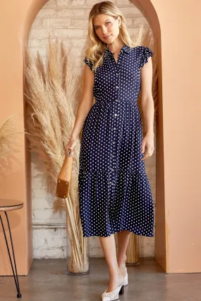 Button Detail Navy Polka Dot Midi Dress