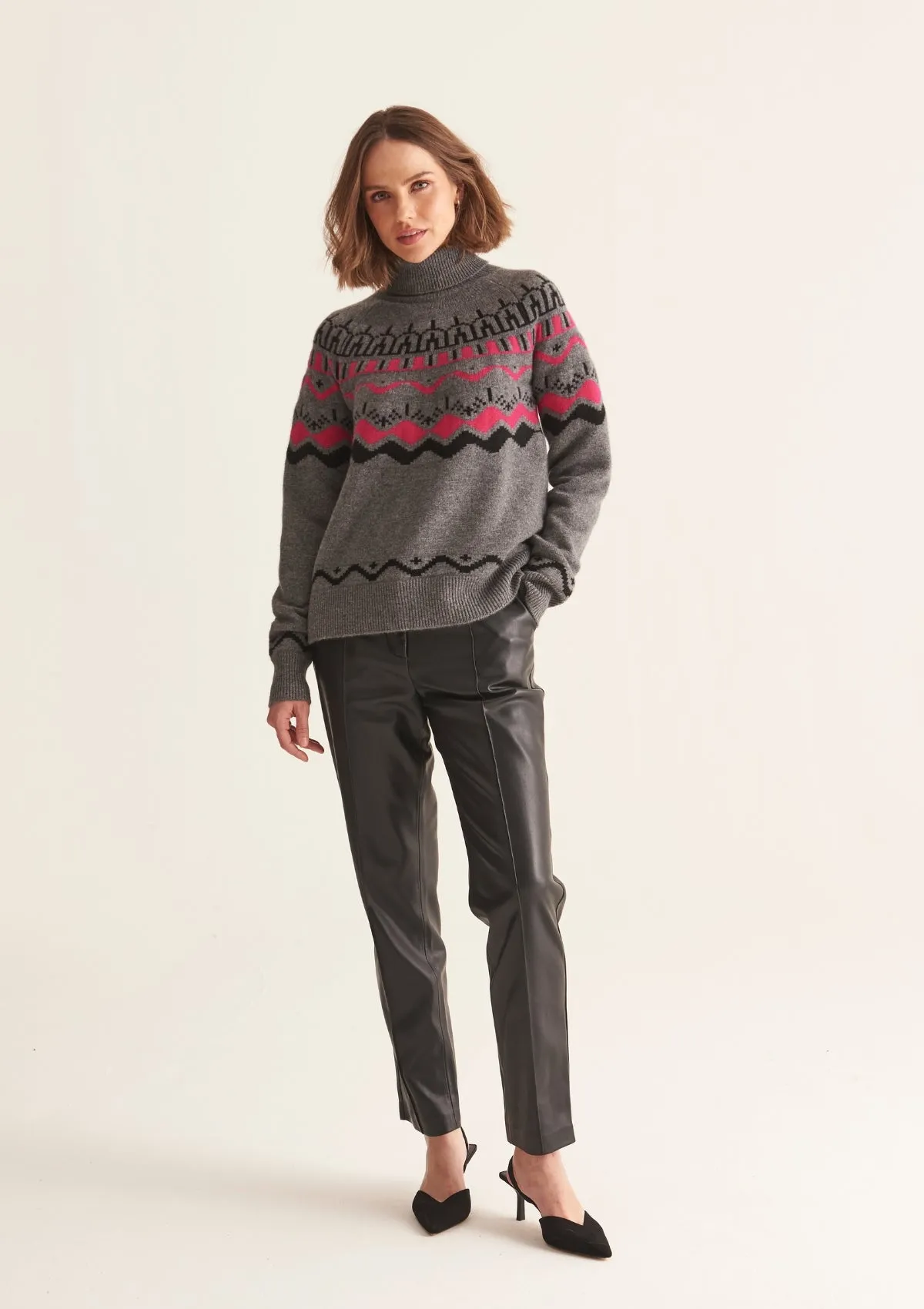 Cashmere Alpine Knit Sweater in Grey/Cherry Pink