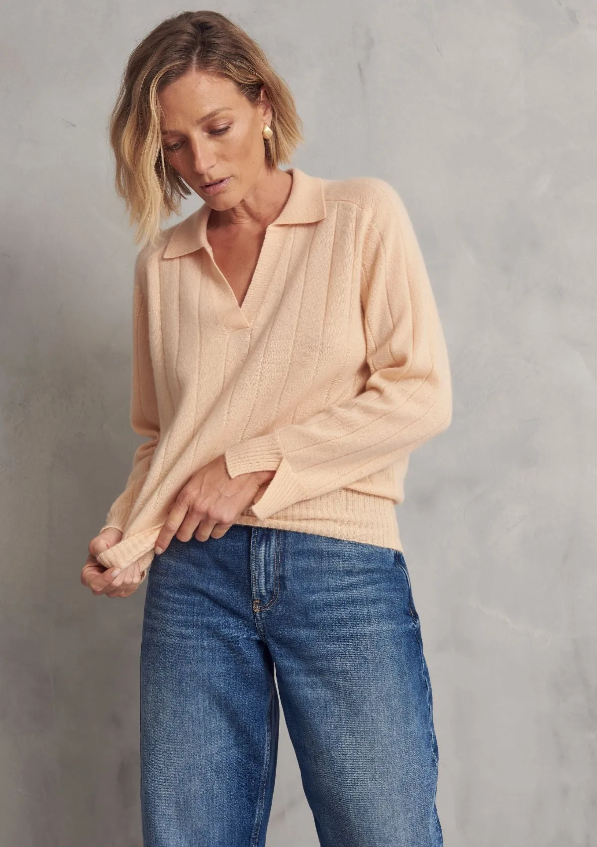 Cashmere Ribbed Collared Sweater in Parfait Peach