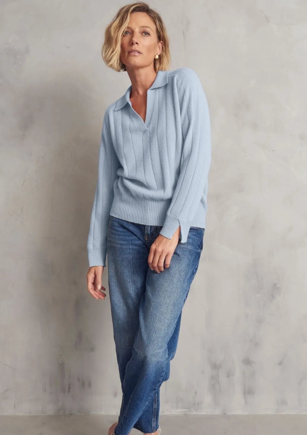 Cashmere Ribbed Collared Sweater in Sky Blue