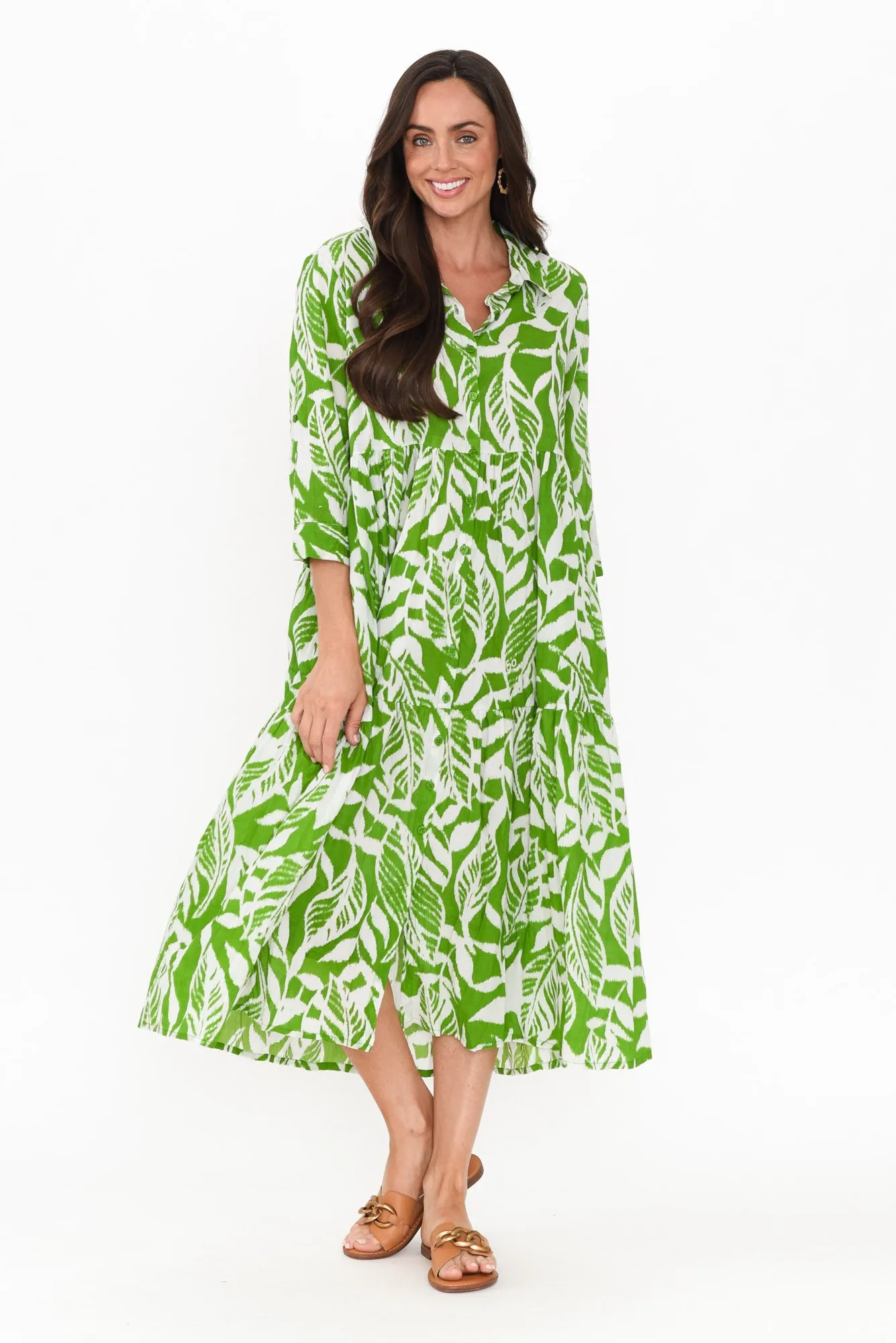 Charli Green Leaf Cotton Collared Dress