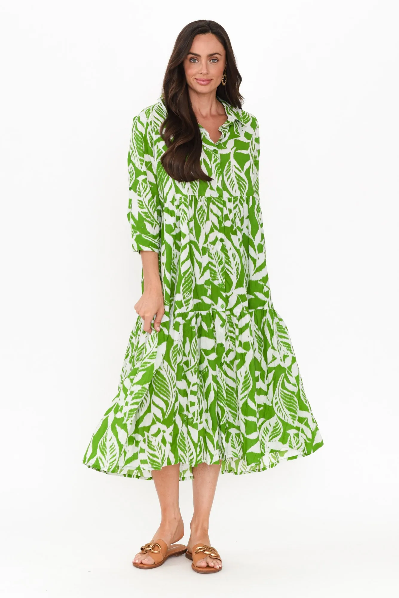 Charli Green Leaf Cotton Collared Dress