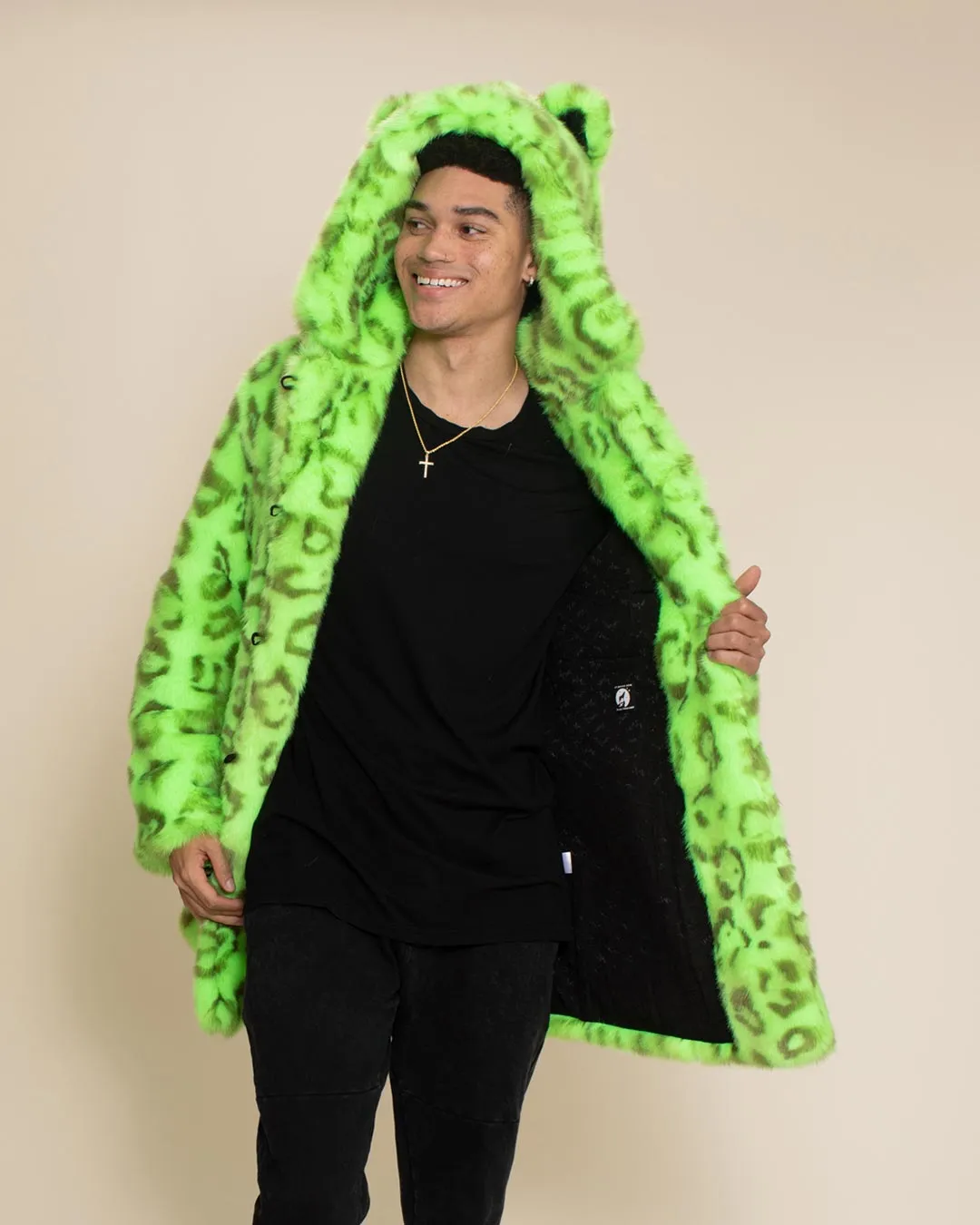 Classic Men's Faux Fur Coat | Neon Green Leopard