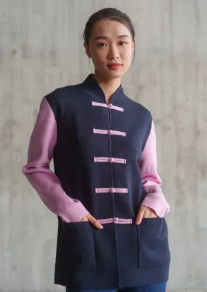 Color-Block Knit Tang Jacket (Dark Blue/ Pink)