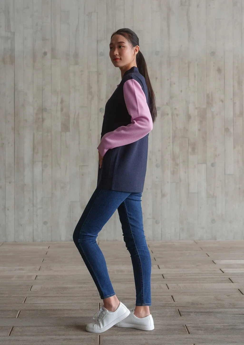 Color-Block Knit Tang Jacket (Dark Blue/ Pink)